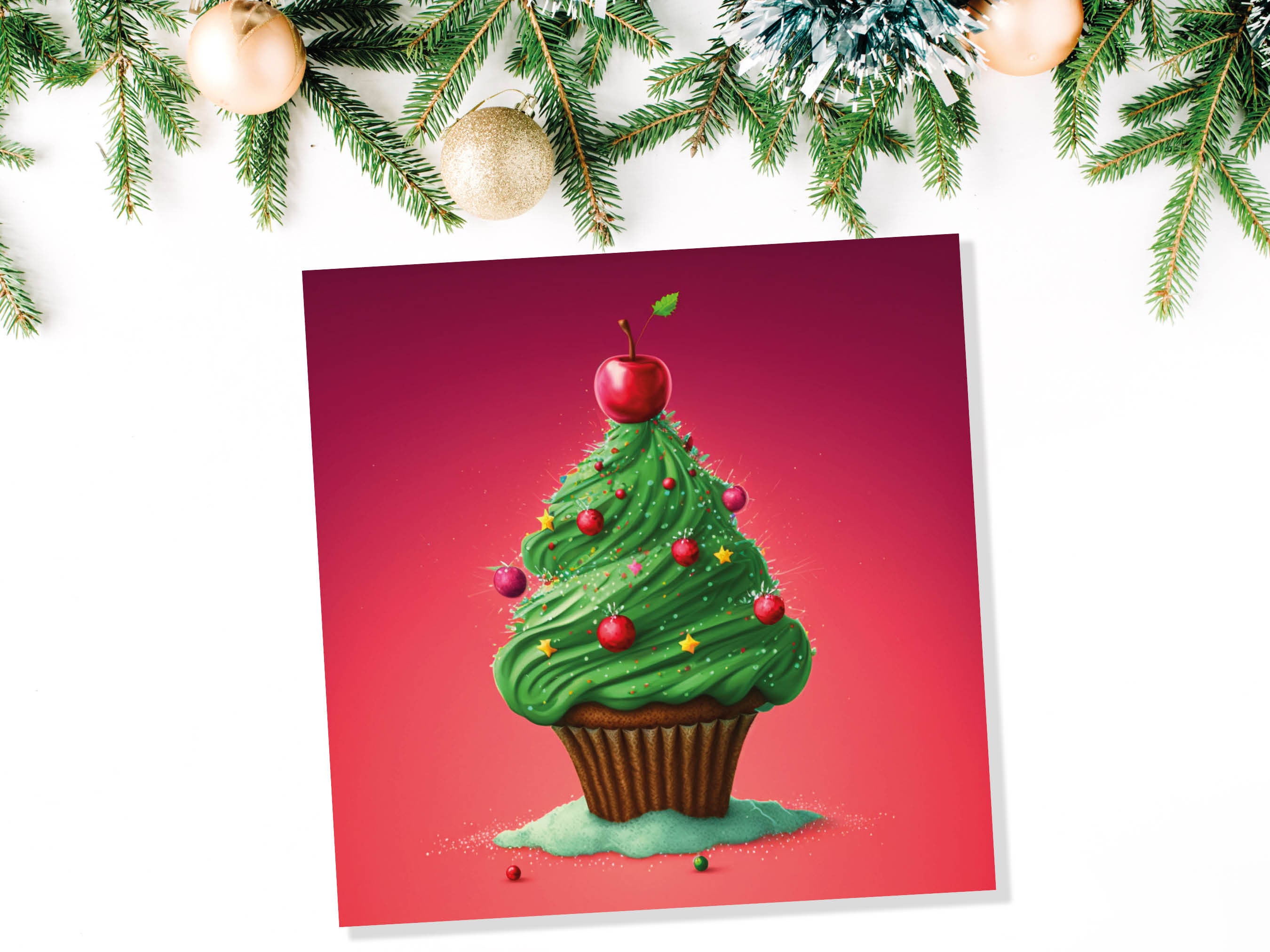Cake Christmas Tree Card Fairy Cupcake with Green Frosting Icing Red Sprinkles Xmas Greetings Card For Bakers Baking Family Friends 2025 - View 6