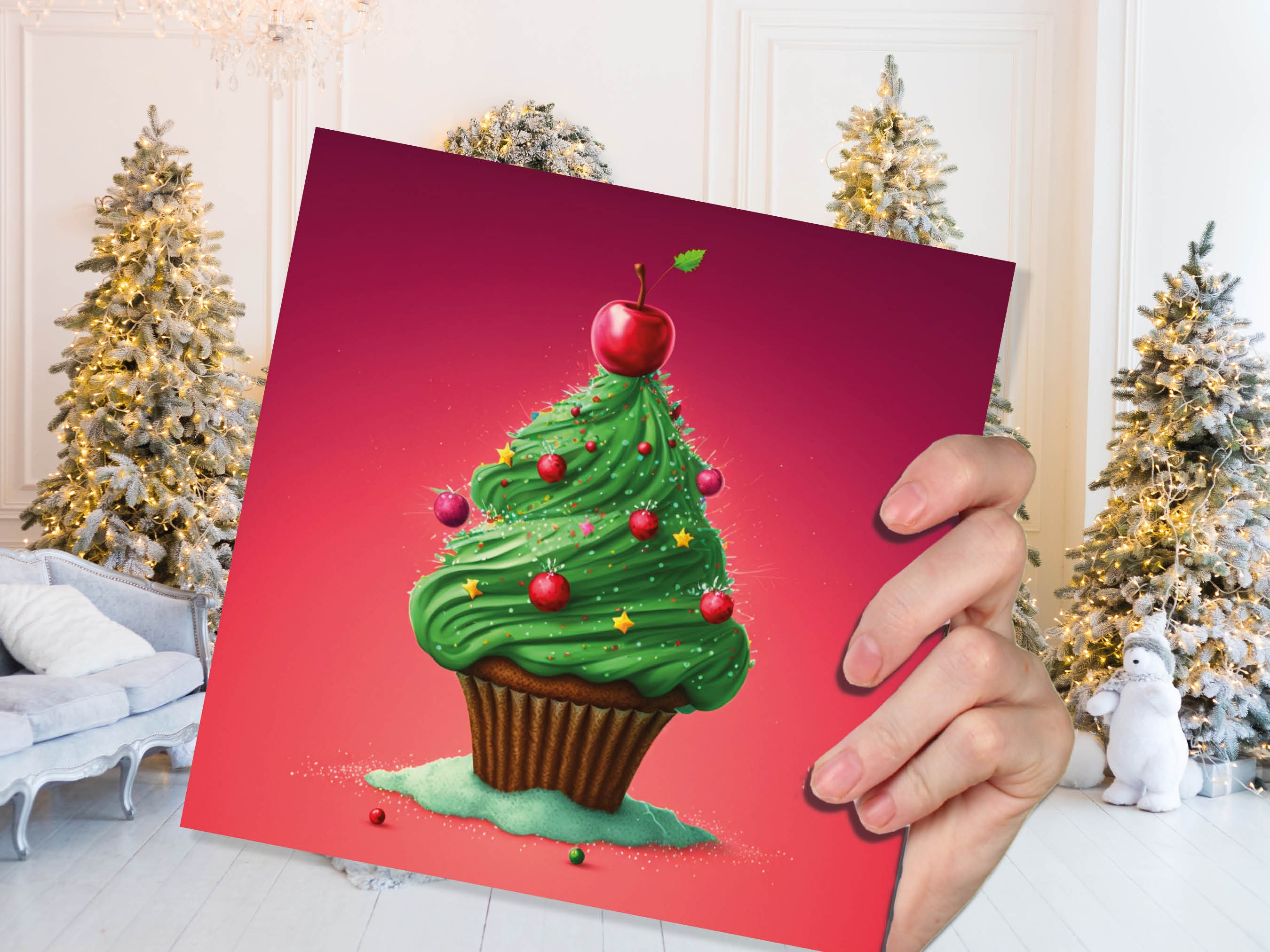 Cake Christmas Tree Card Fairy Cupcake with Green Frosting Icing Red Sprinkles Xmas Greetings Card For Bakers Baking Family Friends 2025 - View 5
