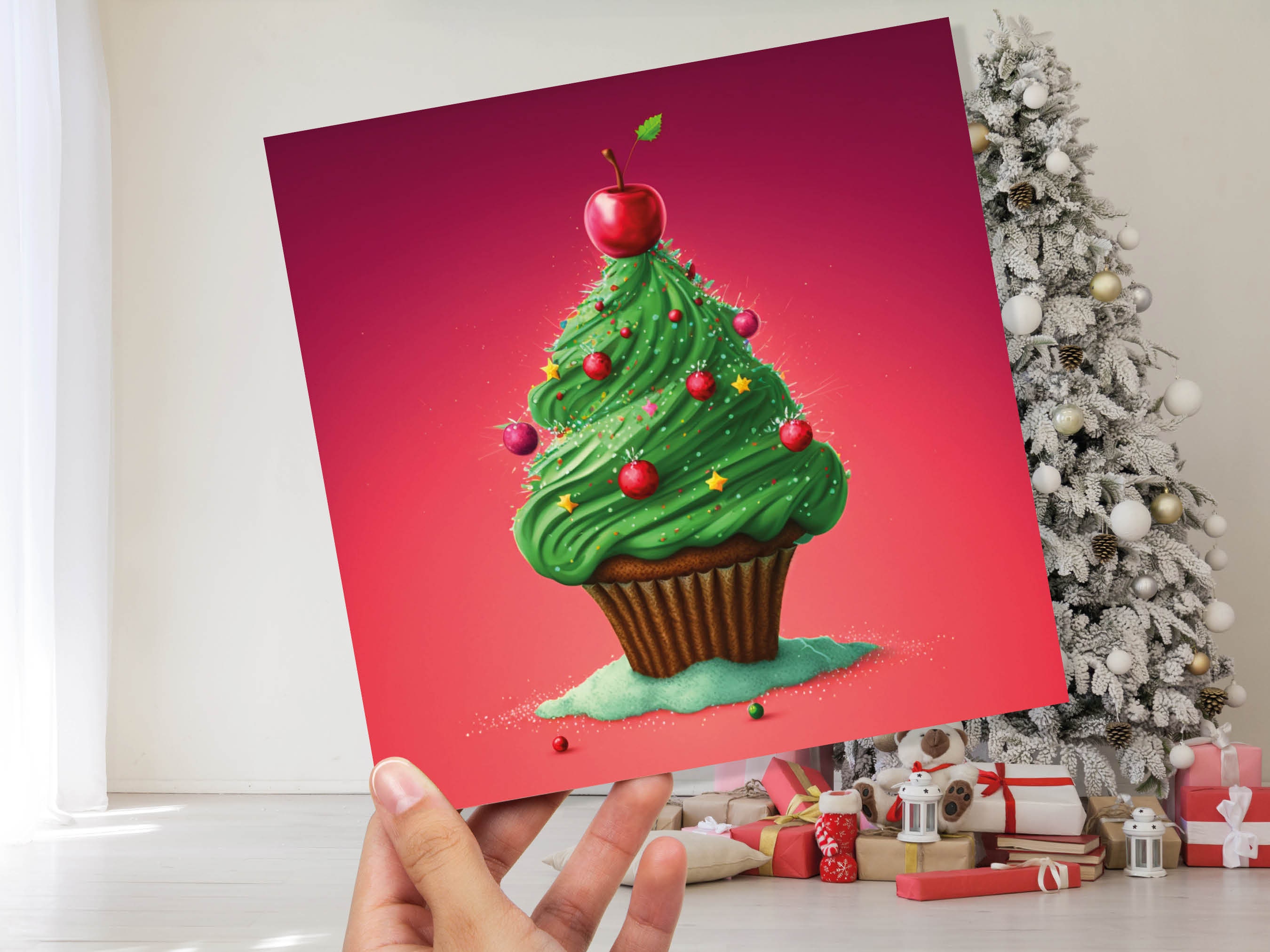 Cake Christmas Tree Card Fairy Cupcake with Green Frosting Icing Red Sprinkles Xmas Greetings Card For Bakers Baking Family Friends 2025 - View 10