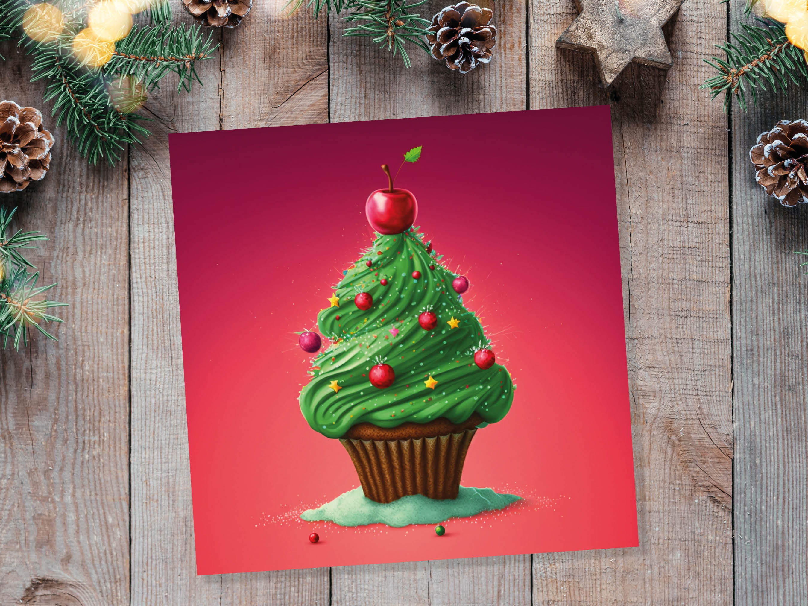 Cake Christmas Tree Card Fairy Cupcake with Green Frosting Icing Red Sprinkles Xmas Greetings Card For Bakers Baking Family Friends 2025 - View 7