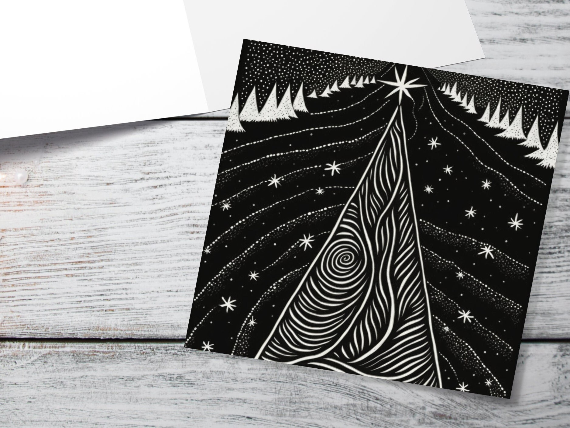 Black Christmas Tree Card Linocut Monochrome Magical Stars Starry Forest Snow Scene Snowy Night Sky Greetings For Family Friends Xmas 2025 - View 10