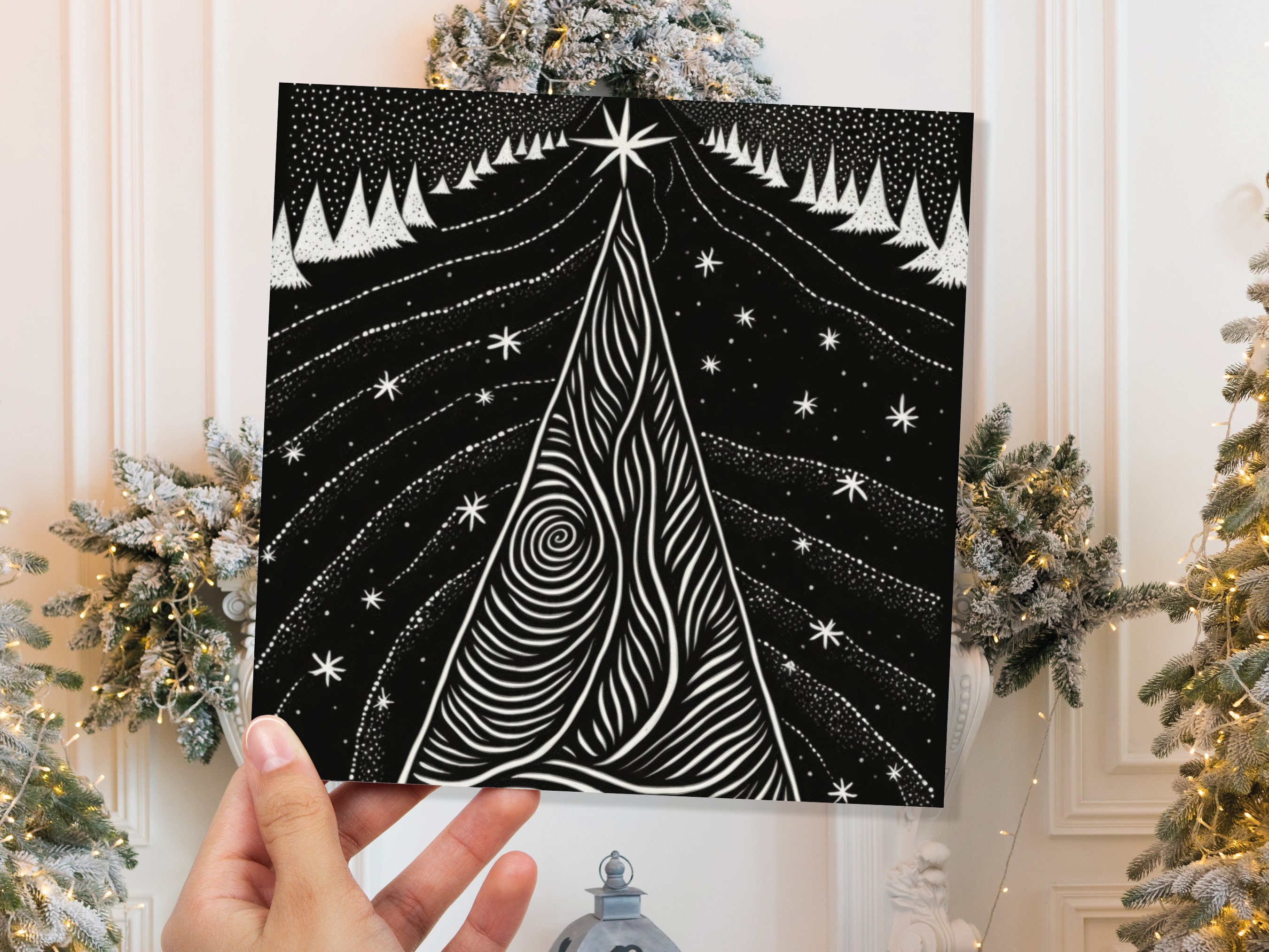 Black Christmas Tree Card Linocut Monochrome Magical Stars Starry Forest Snow Scene Snowy Night Sky Greetings For Family Friends Xmas 2025