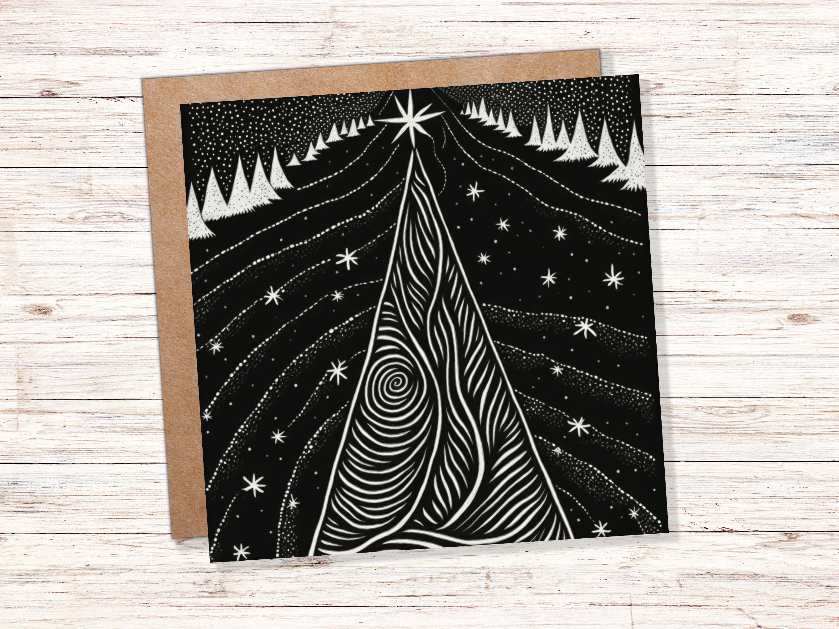 Black Christmas Tree Card Linocut Monochrome Magical Stars Starry Forest Snow Scene Snowy Night Sky Greetings For Family Friends Xmas 2025 - View 2