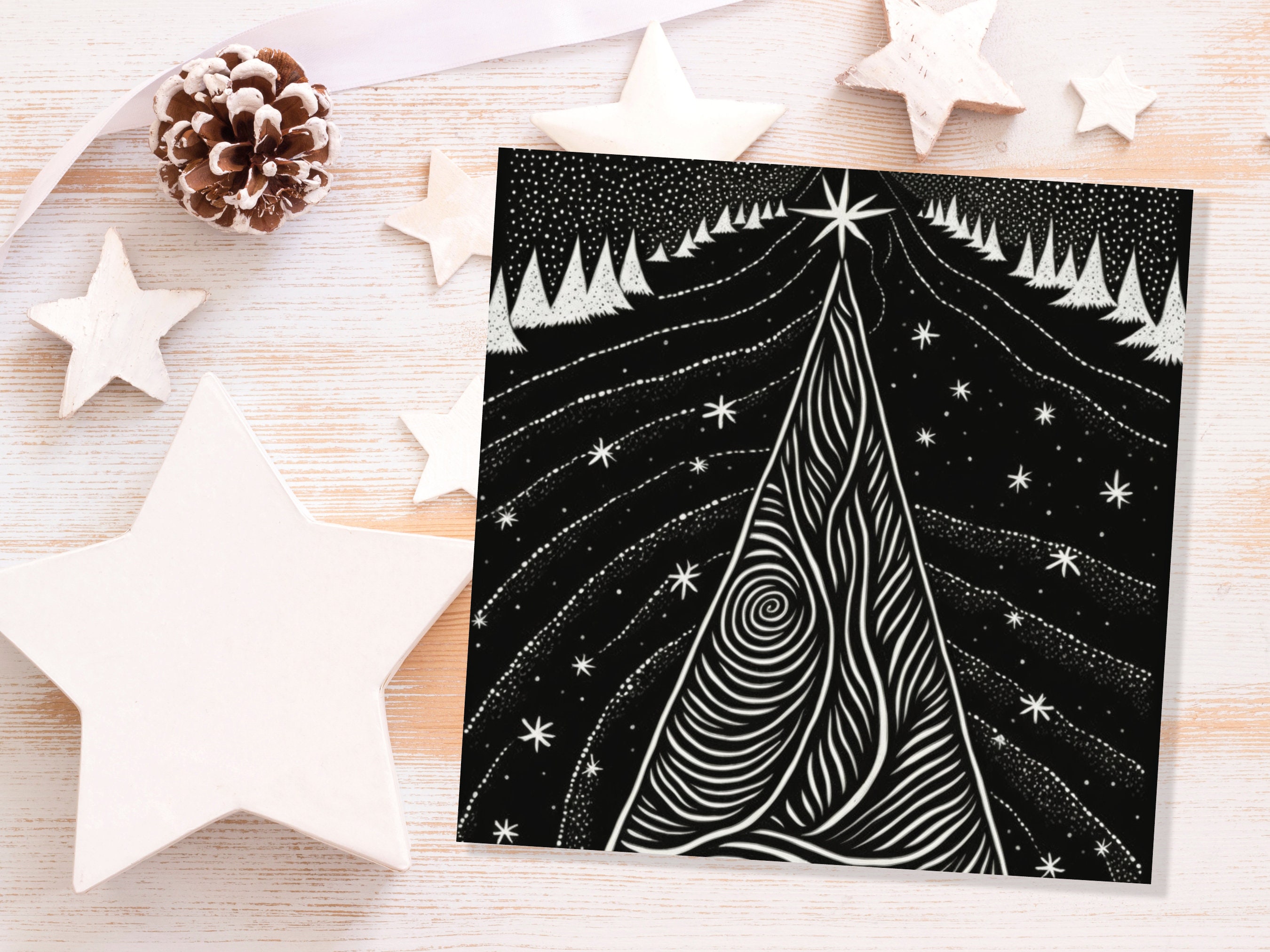 Black Christmas Tree Card Linocut Monochrome Magical Stars Starry Forest Snow Scene Snowy Night Sky Greetings For Family Friends Xmas 2025 - View 8