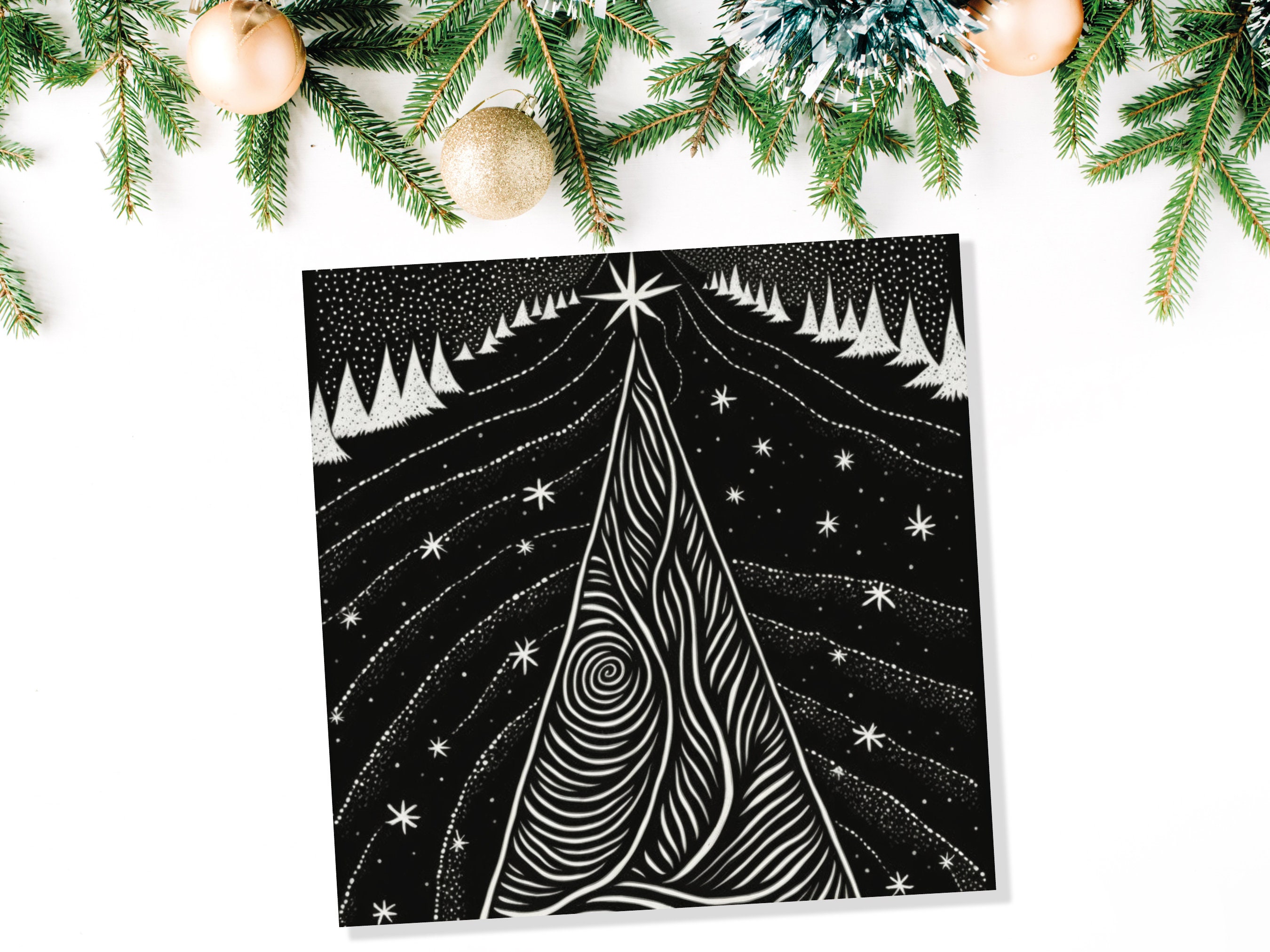 Black Christmas Tree Card Linocut Monochrome Magical Stars Starry Forest Snow Scene Snowy Night Sky Greetings For Family Friends Xmas 2025 - View 5