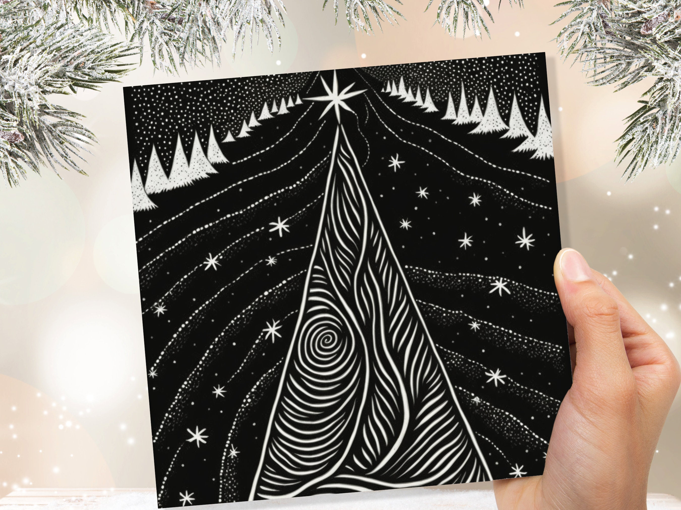Black Christmas Tree Card Linocut Monochrome Magical Stars Starry Forest Snow Scene Snowy Night Sky Greetings For Family Friends Xmas 2025 - View 7