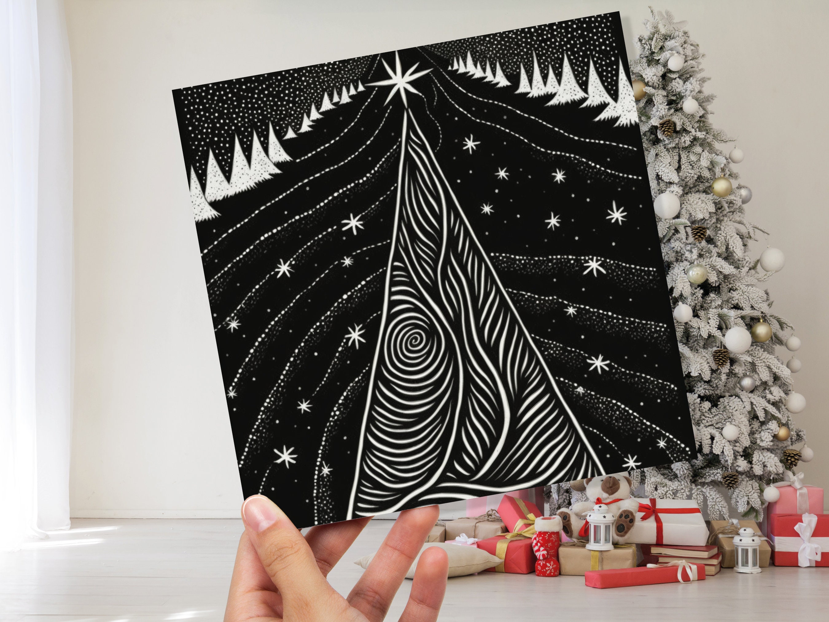 Black Christmas Tree Card Linocut Monochrome Magical Stars Starry Forest Snow Scene Snowy Night Sky Greetings For Family Friends Xmas 2025 - View 9