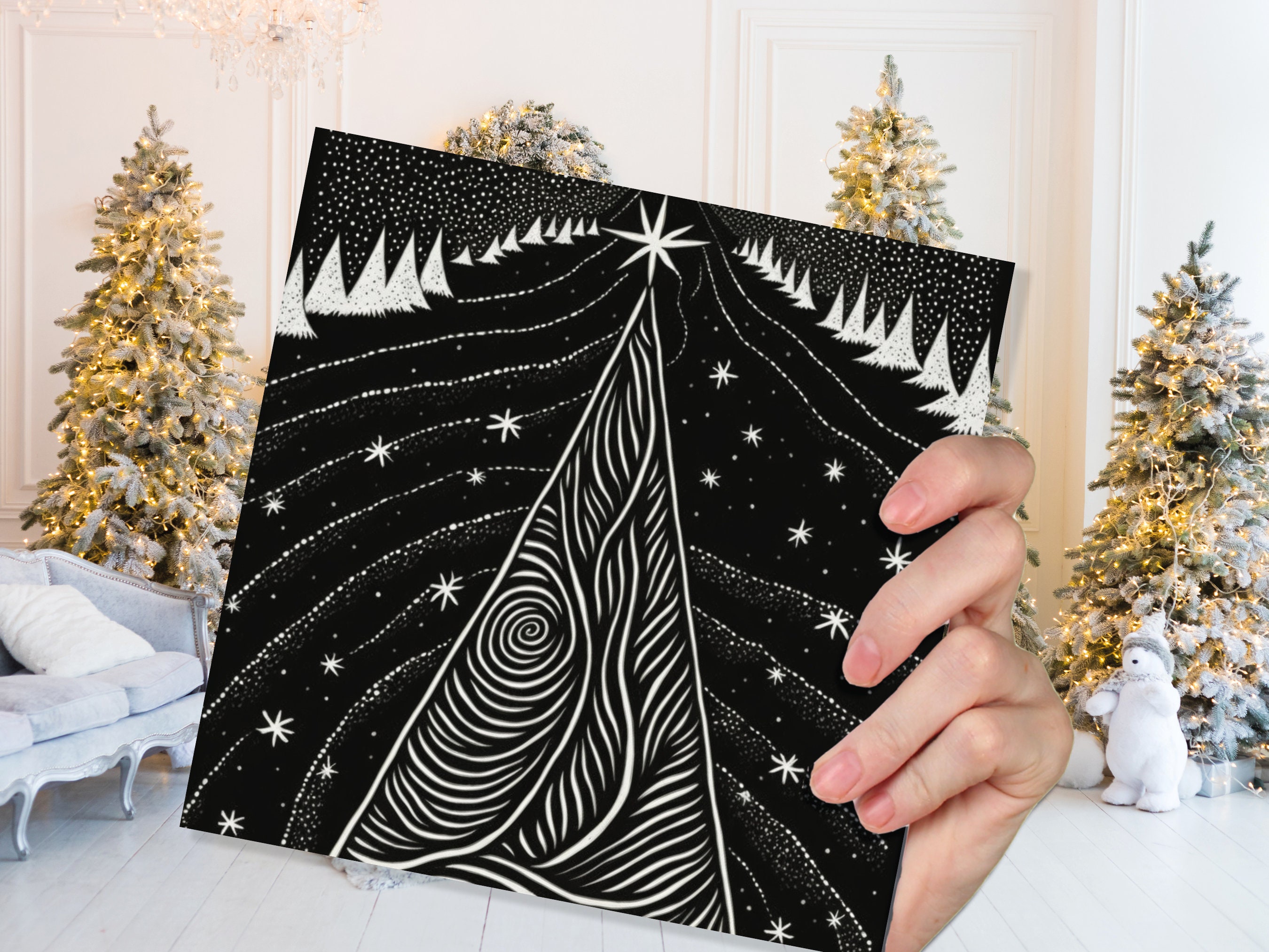 Black Christmas Tree Card Linocut Monochrome Magical Stars Starry Forest Snow Scene Snowy Night Sky Greetings For Family Friends Xmas 2025 - View 4