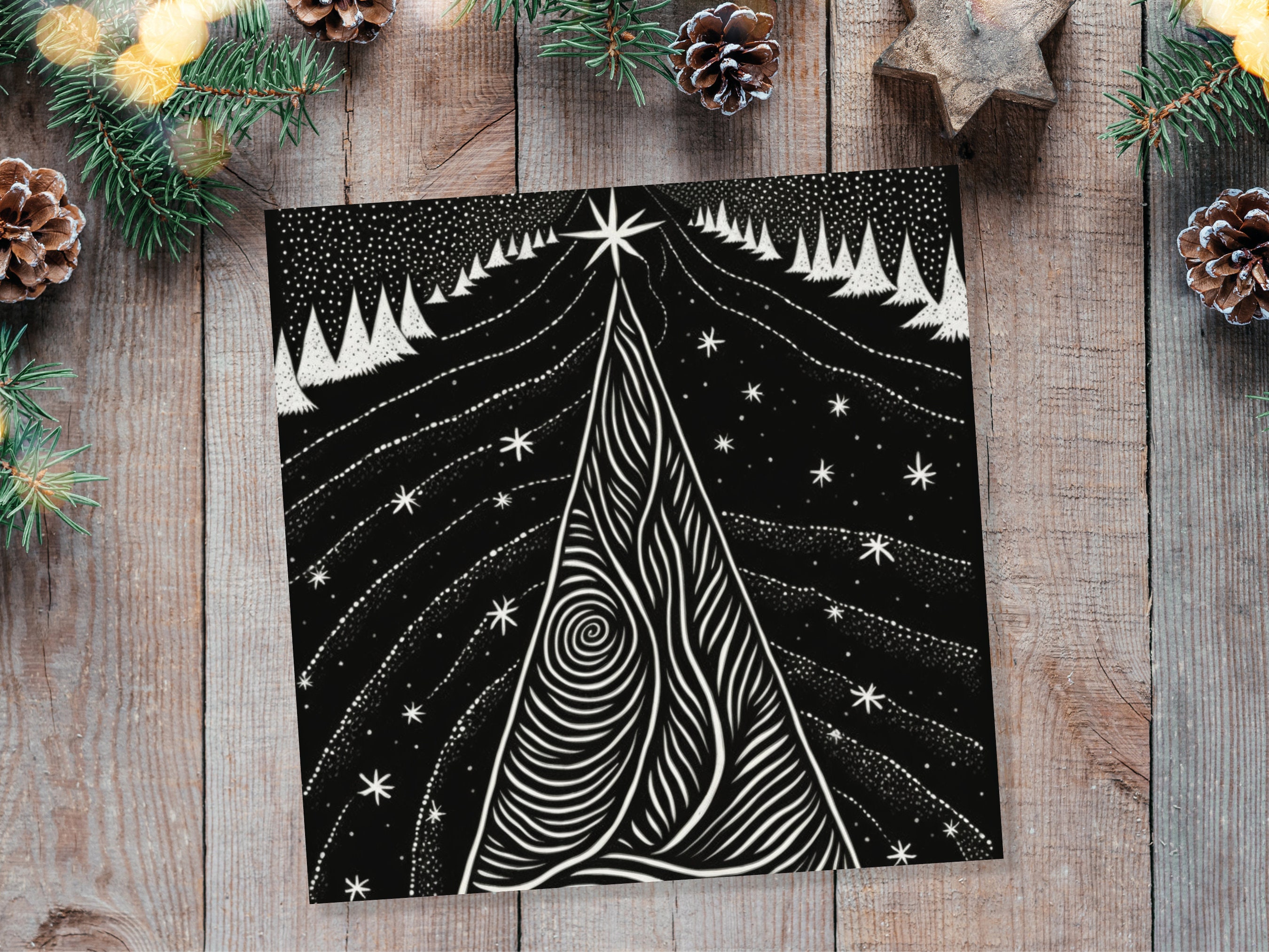 Black Christmas Tree Card Linocut Monochrome Magical Stars Starry Forest Snow Scene Snowy Night Sky Greetings For Family Friends Xmas 2025 - View 6