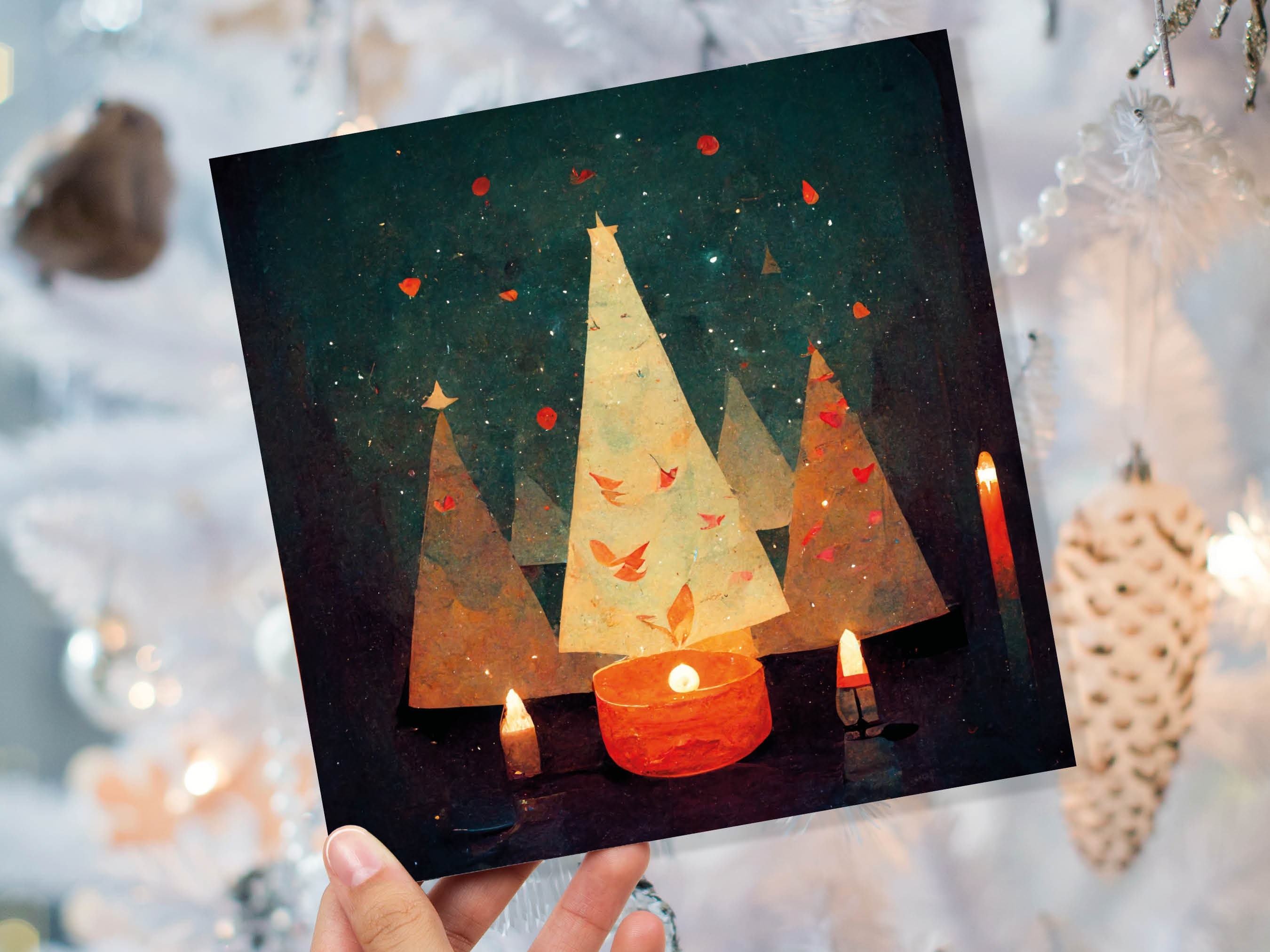 Abstract Christmas Tree Card Green Yellow Orange Pretty Trees Candle Flame Painting Unique Whimsical Greetings Family Friends Xmas 2025 - View 10