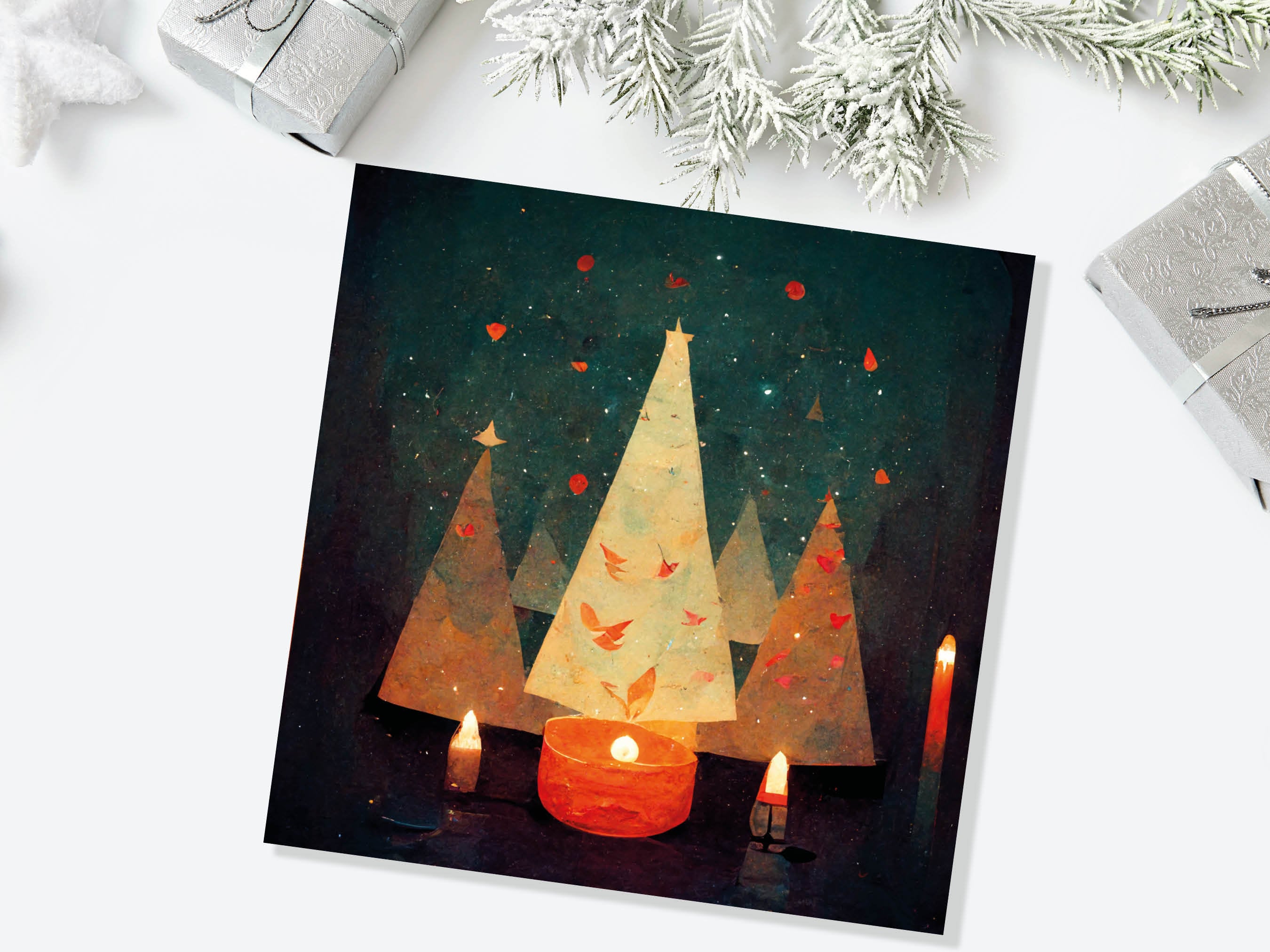 Abstract Christmas Tree Card Green Yellow Orange Pretty Trees Candle Flame Painting Unique Whimsical Greetings Family Friends Xmas 2025 - View 5