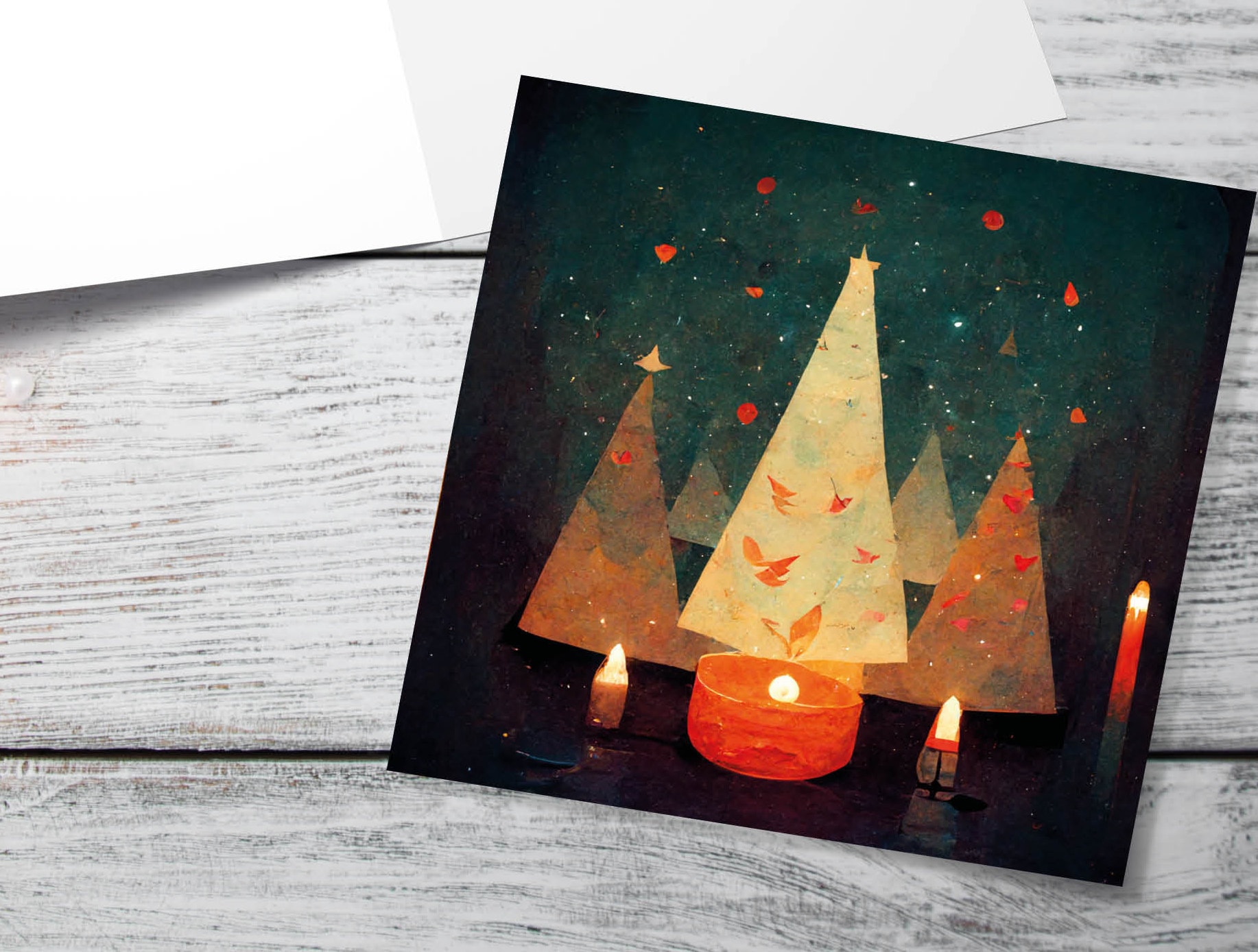 Abstract Christmas Tree Card Green Yellow Orange Pretty Trees Candle Flame Painting Unique Whimsical Greetings Family Friends Xmas 2025 - View 2