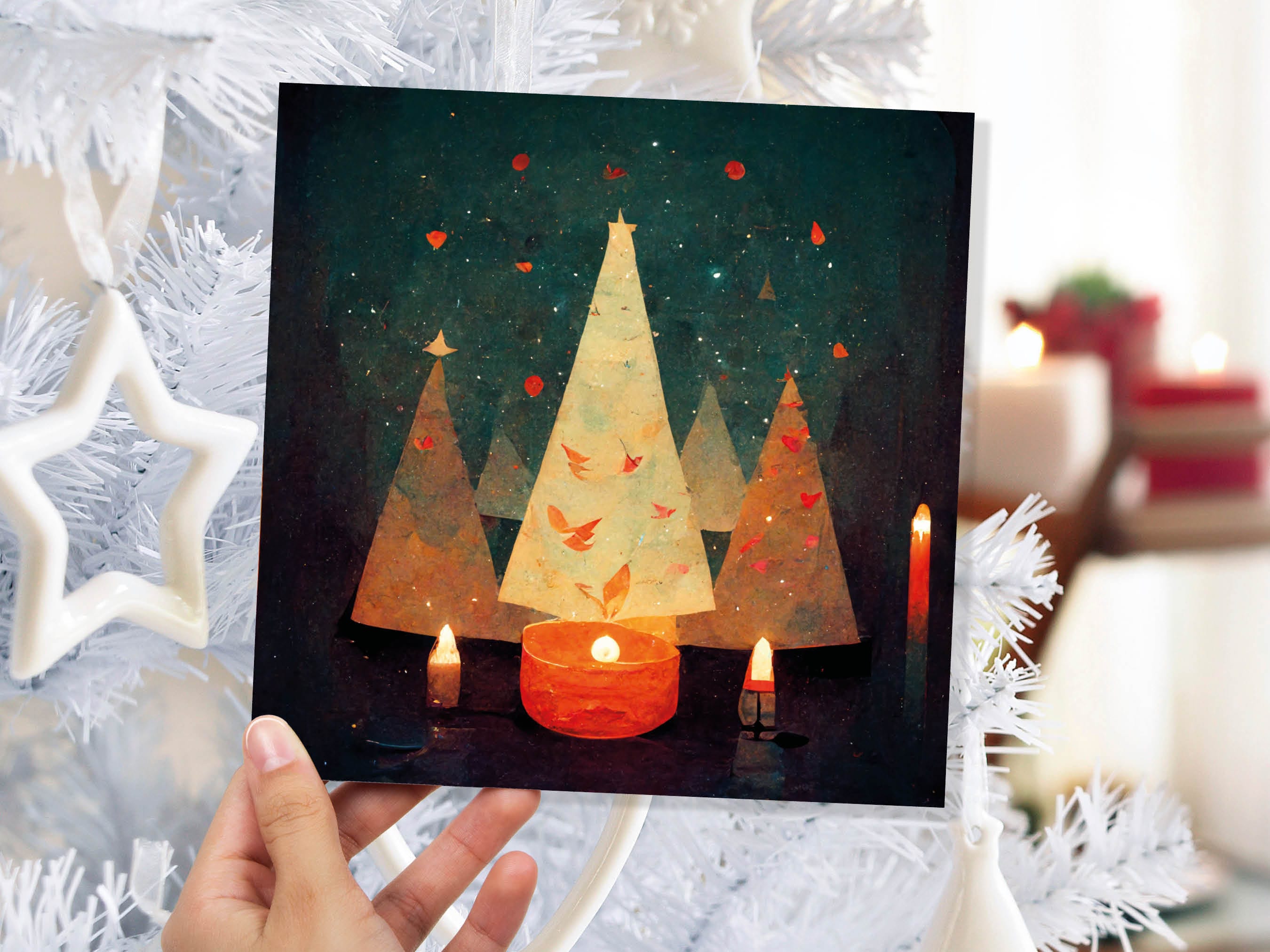 Abstract Christmas Tree Card Green Yellow Orange Pretty Trees Candle Flame Painting Unique Whimsical Greetings Family Friends Xmas 2025 - View 3
