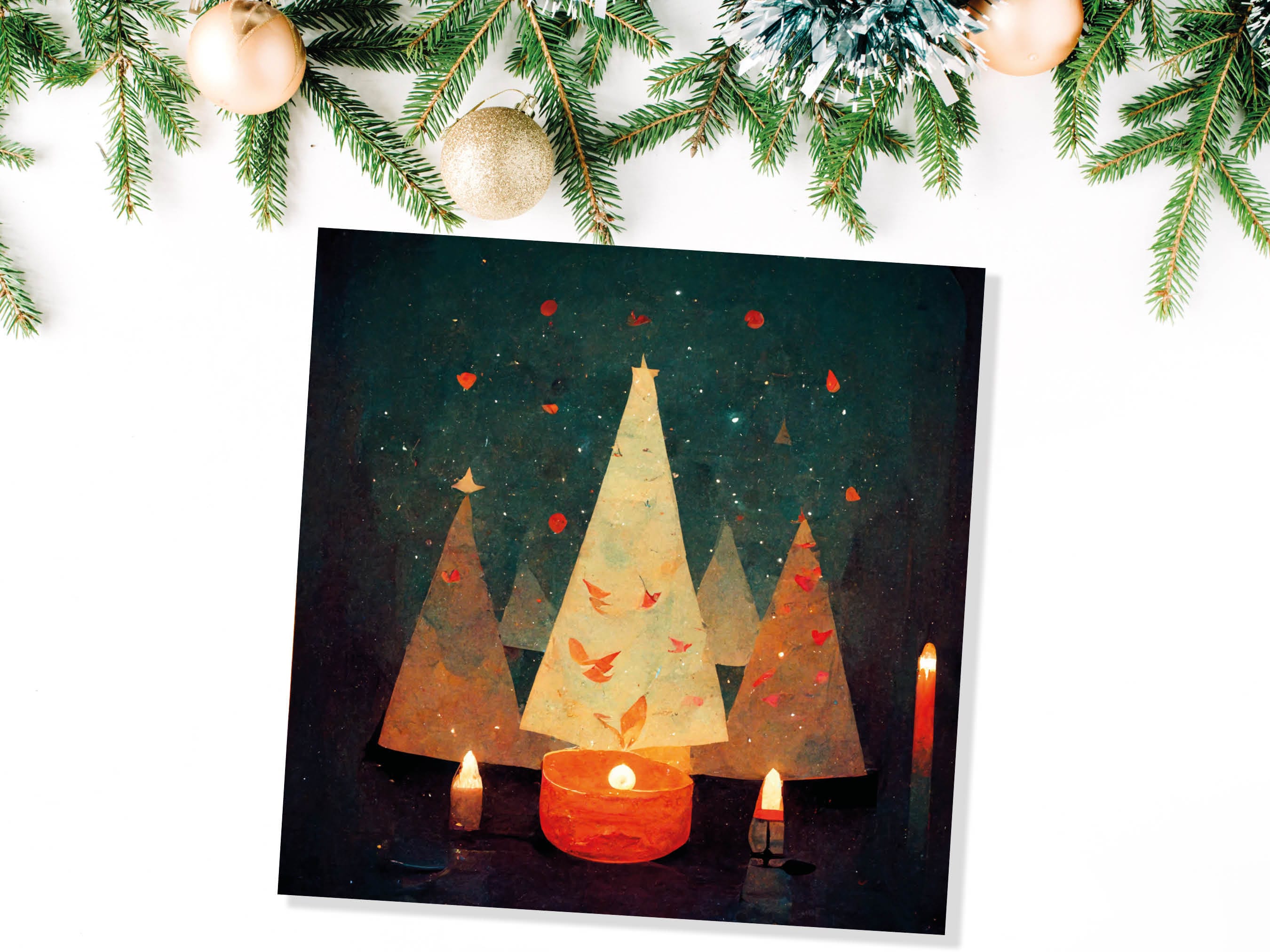 Abstract Christmas Tree Card Green Yellow Orange Pretty Trees Candle Flame Painting Unique Whimsical Greetings Family Friends Xmas 2025 - View 9