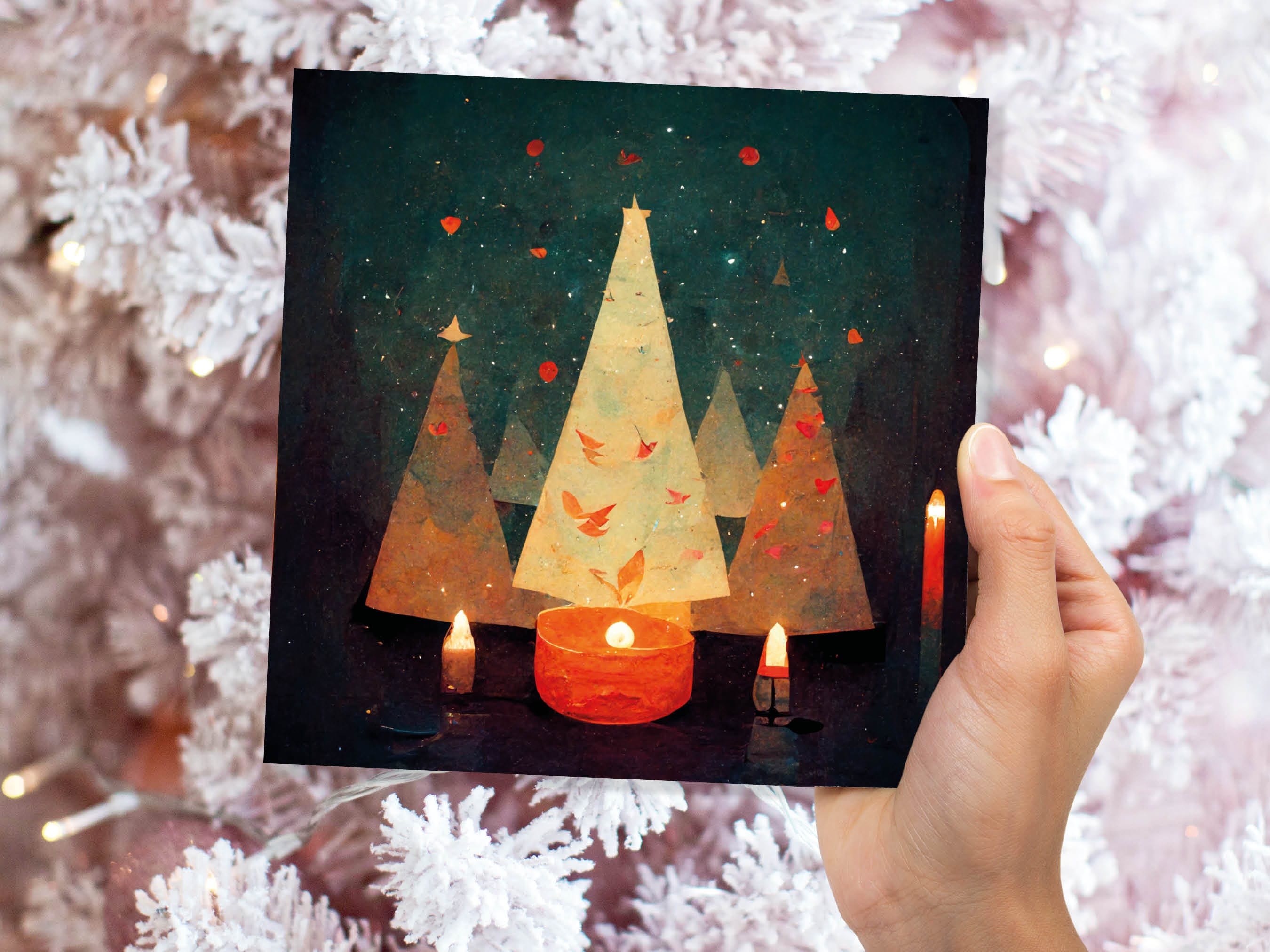 Abstract Christmas Tree Card Green Yellow Orange Pretty Trees Candle Flame Painting Unique Whimsical Greetings Family Friends Xmas 2025