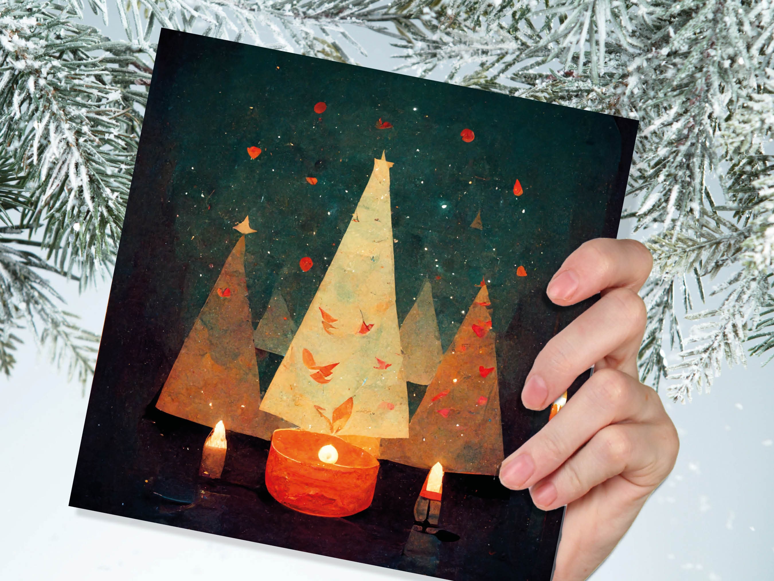 Abstract Christmas Tree Card Green Yellow Orange Pretty Trees Candle Flame Painting Unique Whimsical Greetings Family Friends Xmas 2025 - View 7