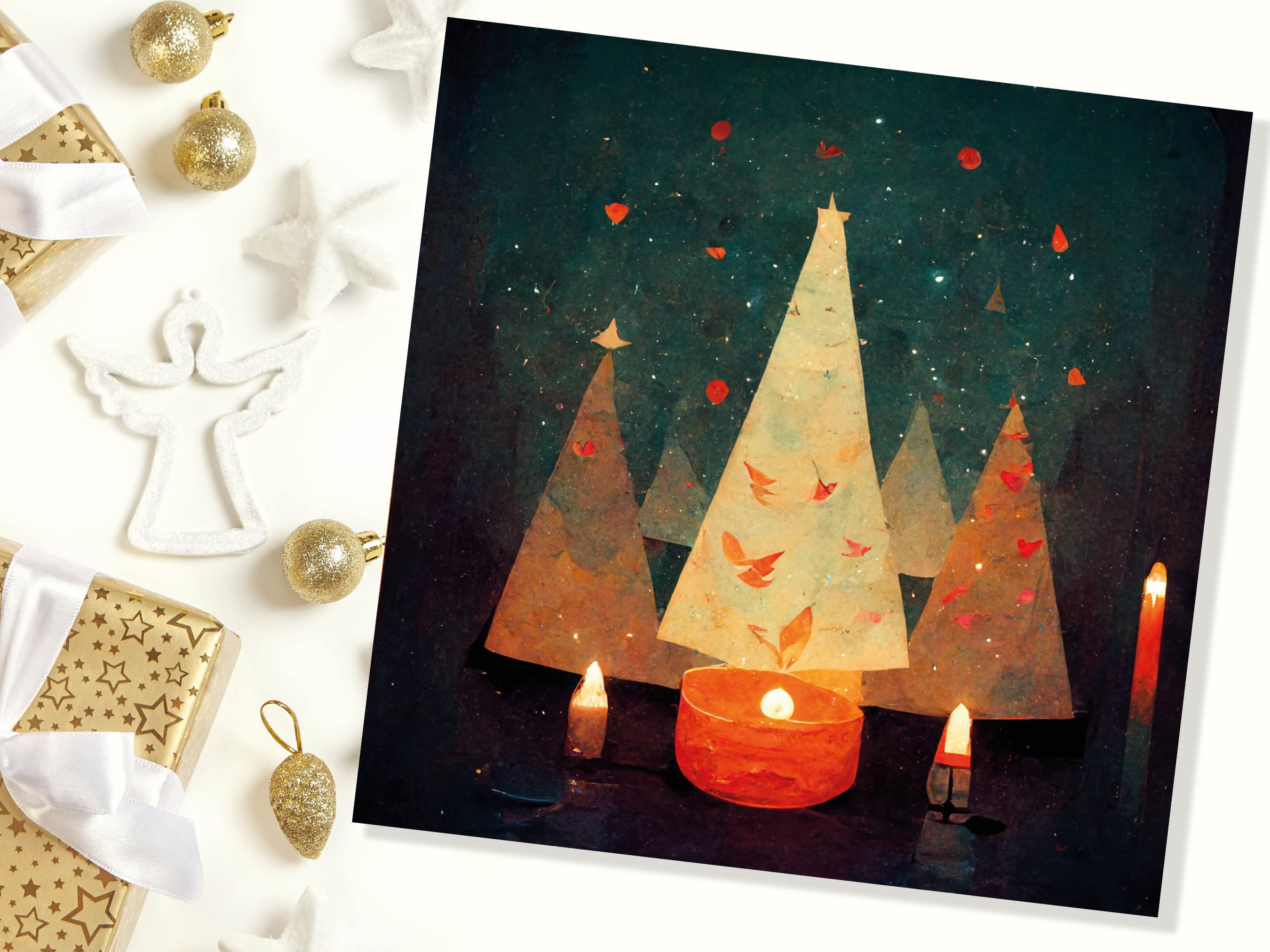 Abstract Christmas Tree Card Green Yellow Orange Pretty Trees Candle Flame Painting Unique Whimsical Greetings Family Friends Xmas 2025 - View 6