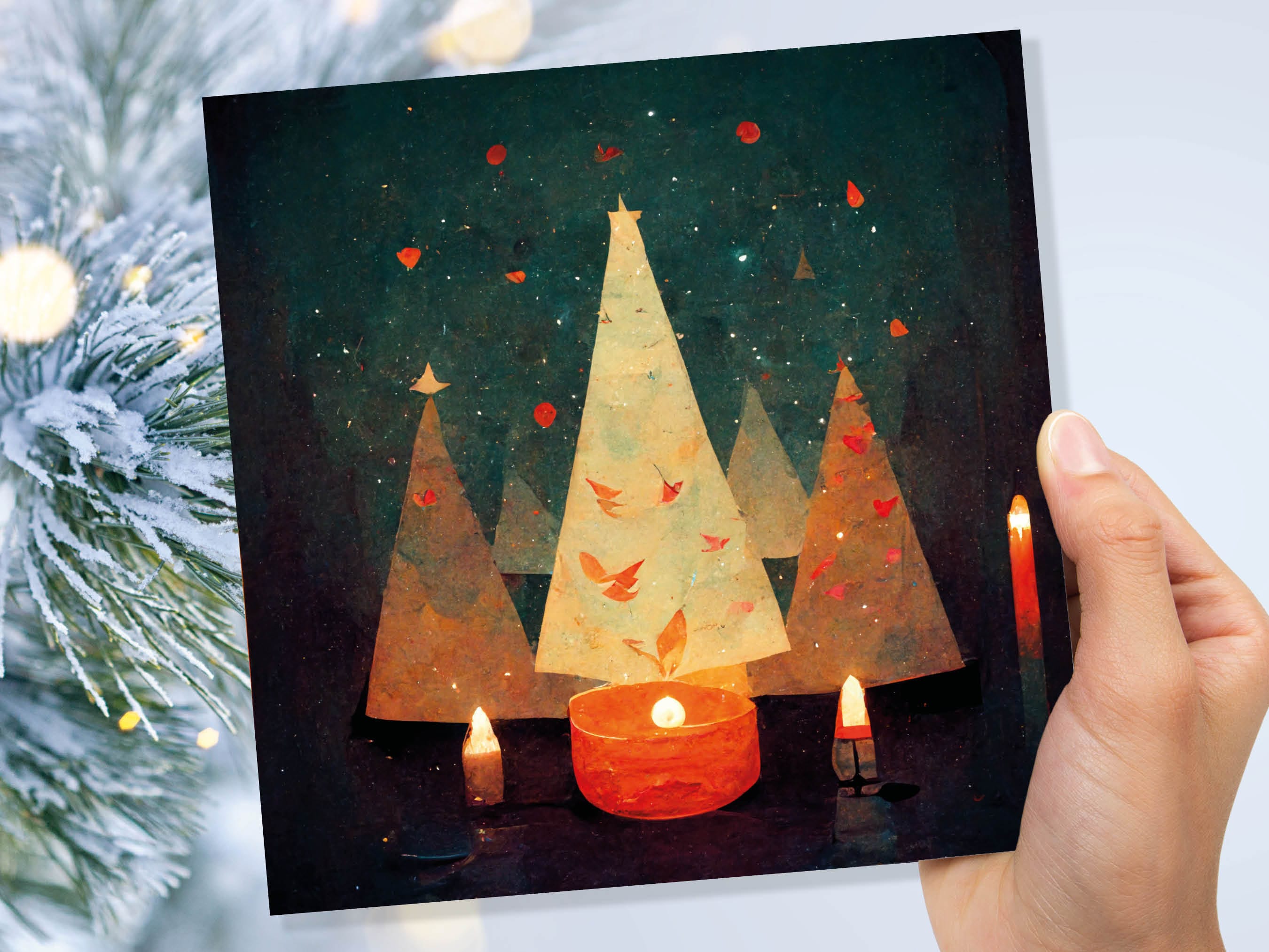 Abstract Christmas Tree Card Green Yellow Orange Pretty Trees Candle Flame Painting Unique Whimsical Greetings Family Friends Xmas 2025 - View 8