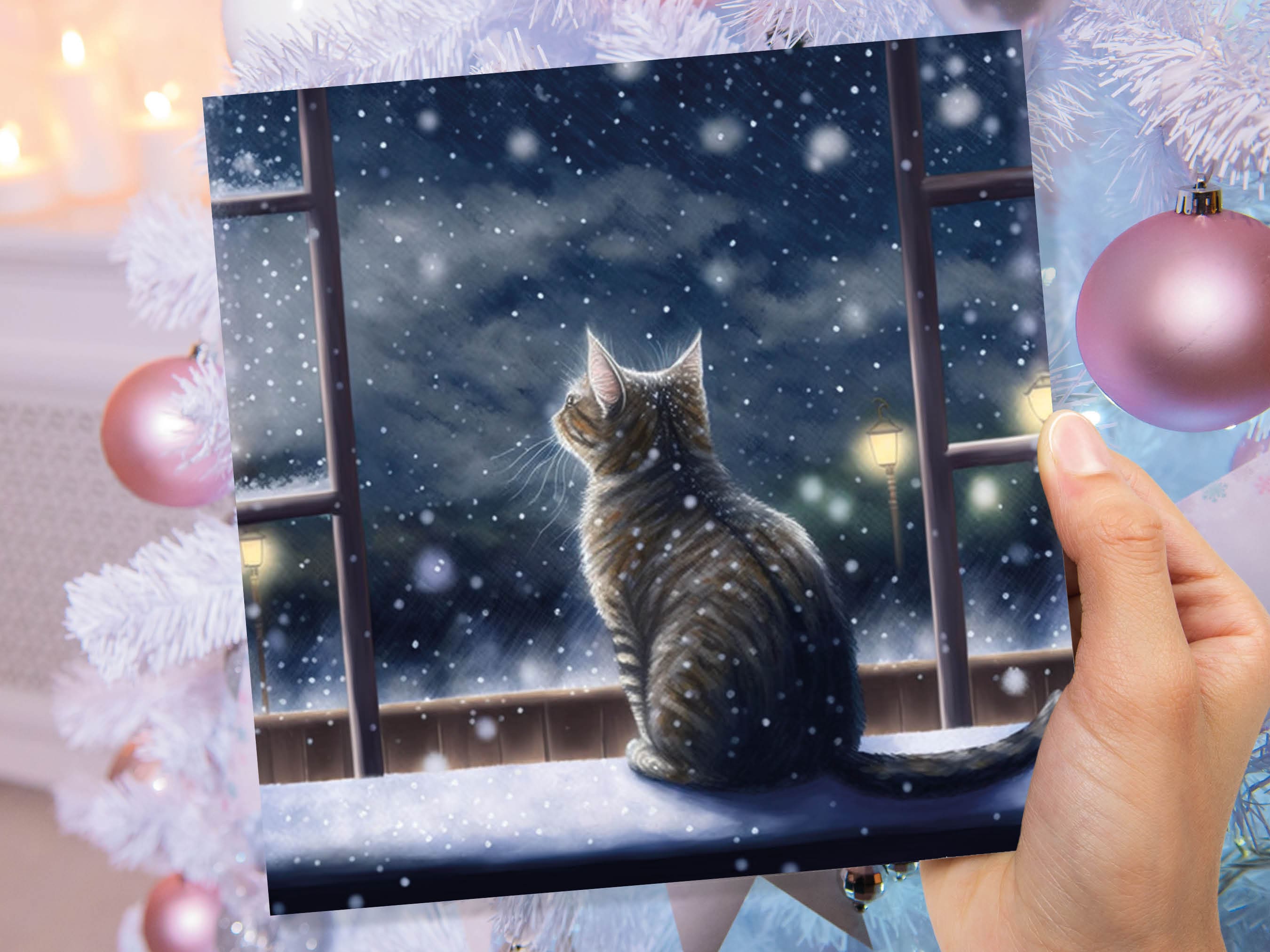 Cat Christmas Card Cute Kitten Watching Snow Fall Tabby Snowy Window Winter Night Scene Falling Whimsical Greetings Family Friends Xmas 2025 - View 8