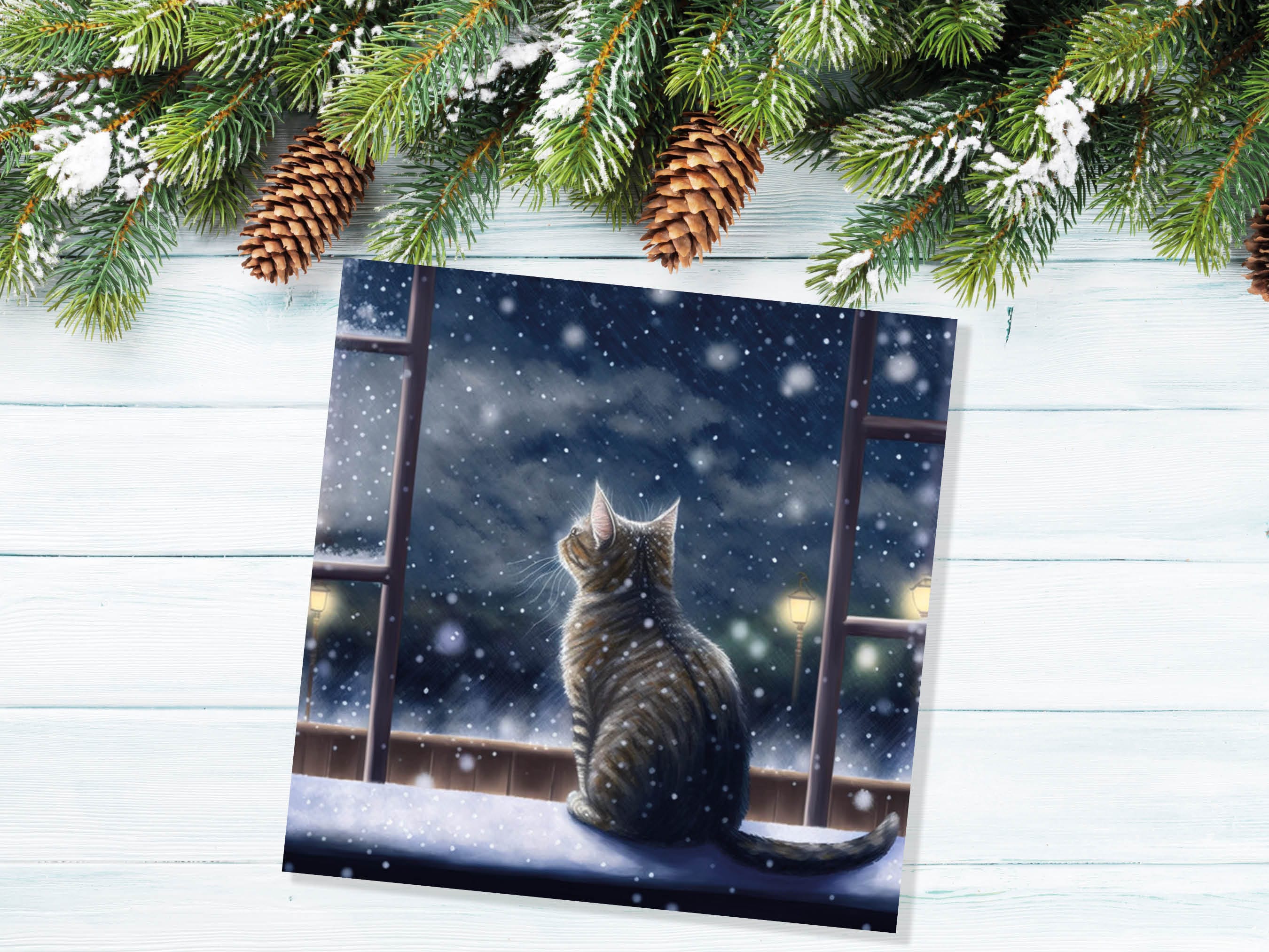 Cat Christmas Card Cute Kitten Watching Snow Fall Tabby Snowy Window Winter Night Scene Falling Whimsical Greetings Family Friends Xmas 2025 - View 5
