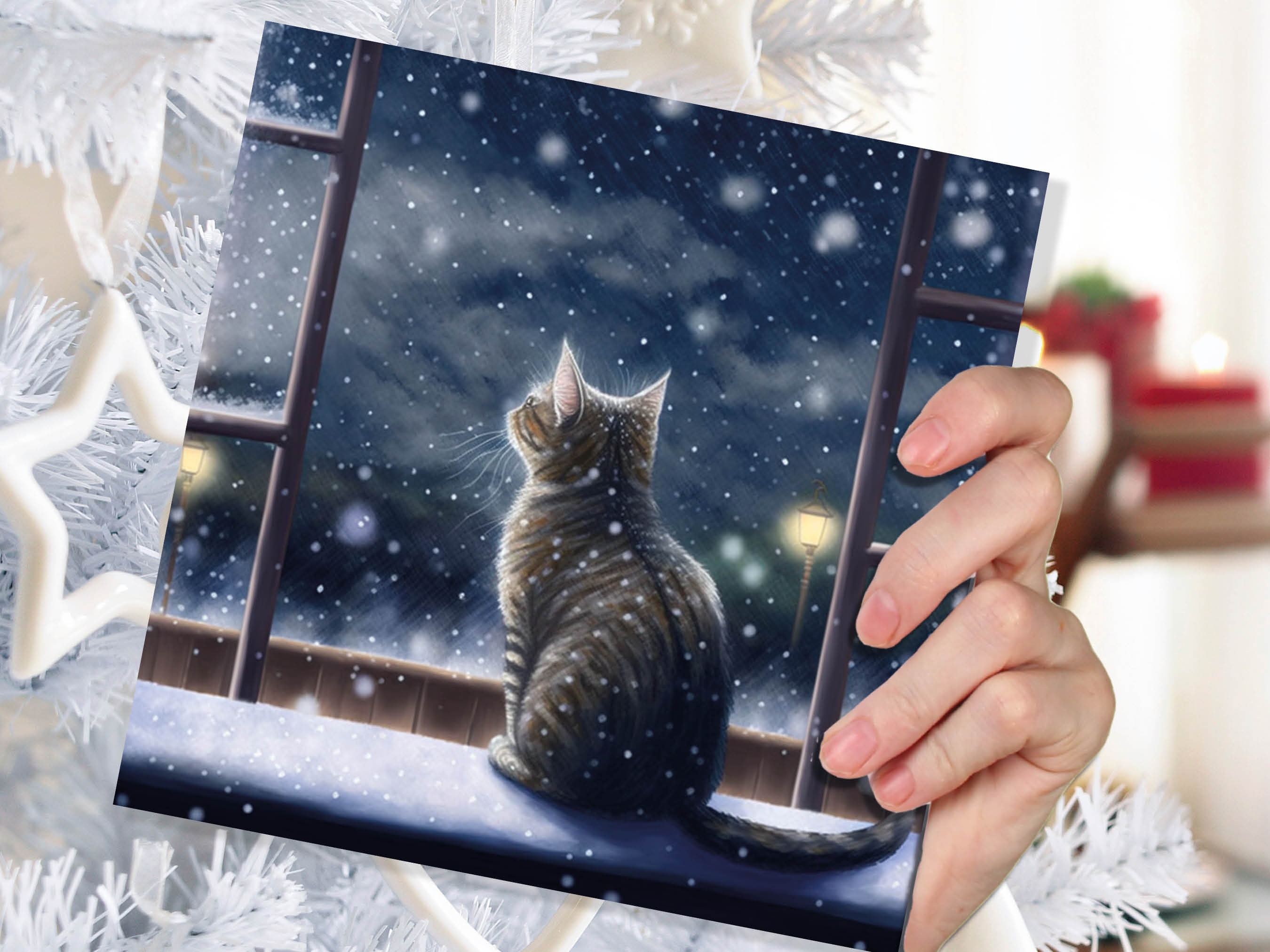 Cat Christmas Card Cute Kitten Watching Snow Fall Tabby Snowy Window Winter Night Scene Falling Whimsical Greetings Family Friends Xmas 2025 - View 7