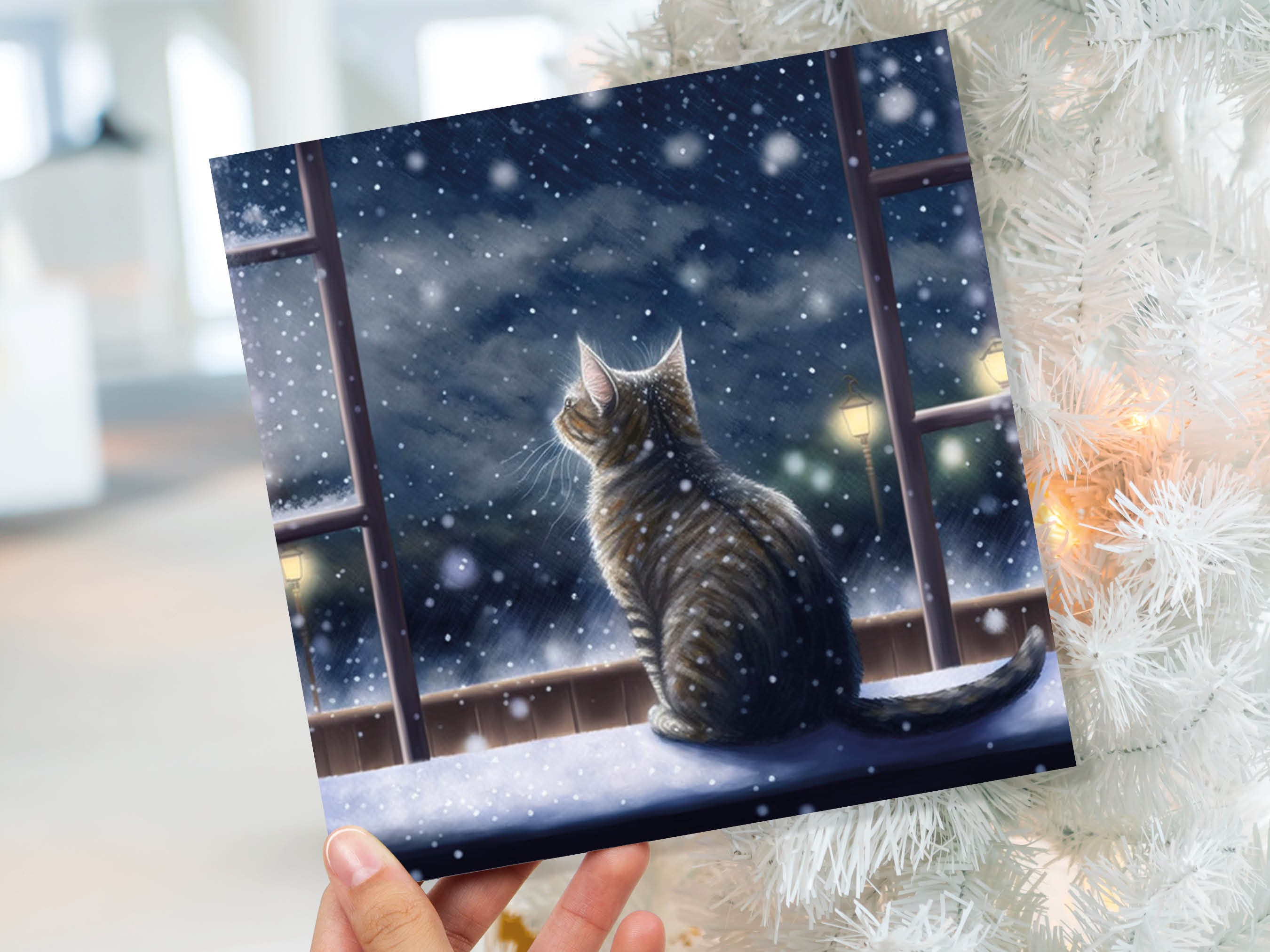 Cat Christmas Card Cute Kitten Watching Snow Fall Tabby Snowy Window Winter Night Scene Falling Whimsical Greetings Family Friends Xmas 2025