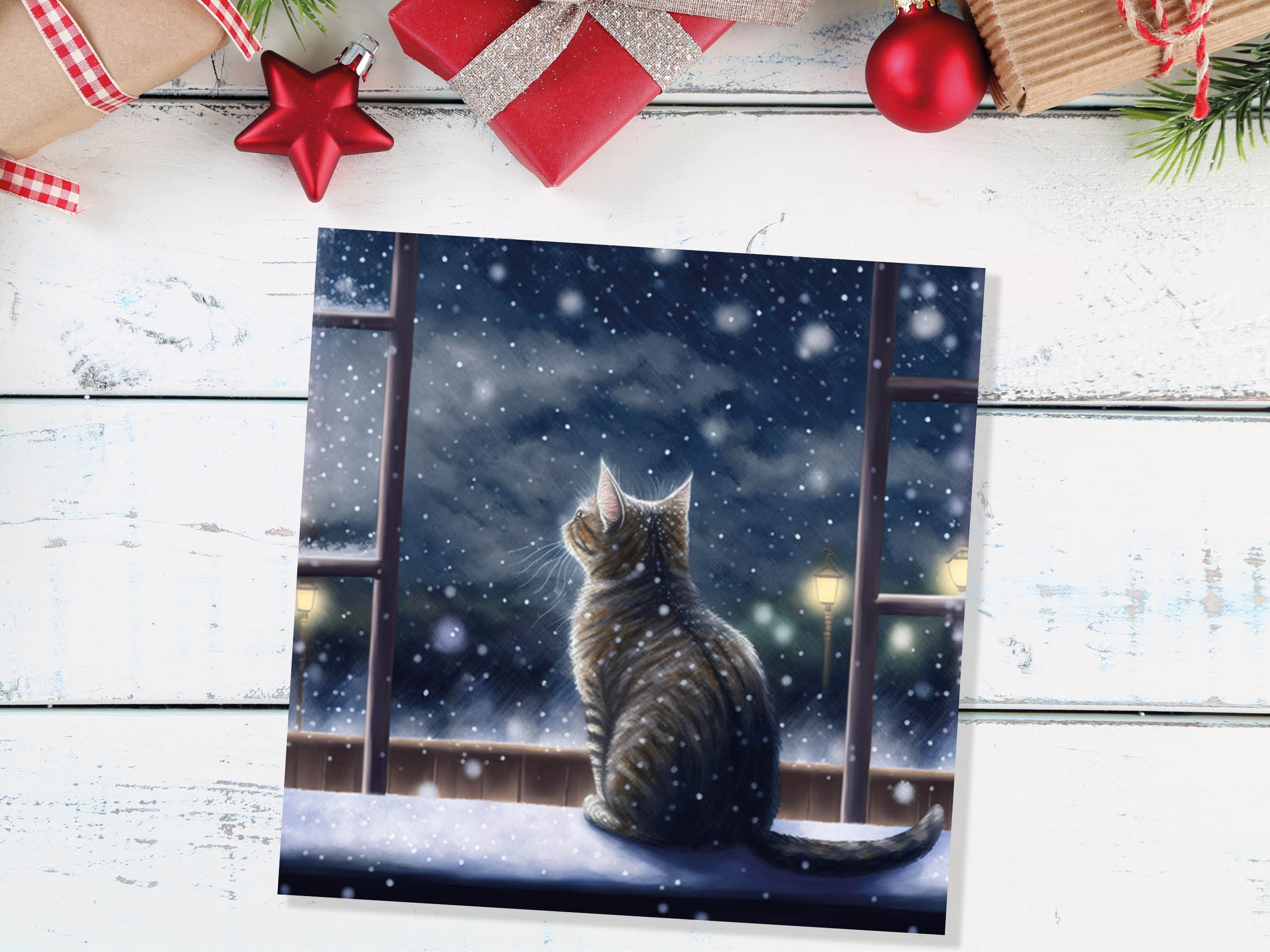 Cat Christmas Card Cute Kitten Watching Snow Fall Tabby Snowy Window Winter Night Scene Falling Whimsical Greetings Family Friends Xmas 2025 - View 9