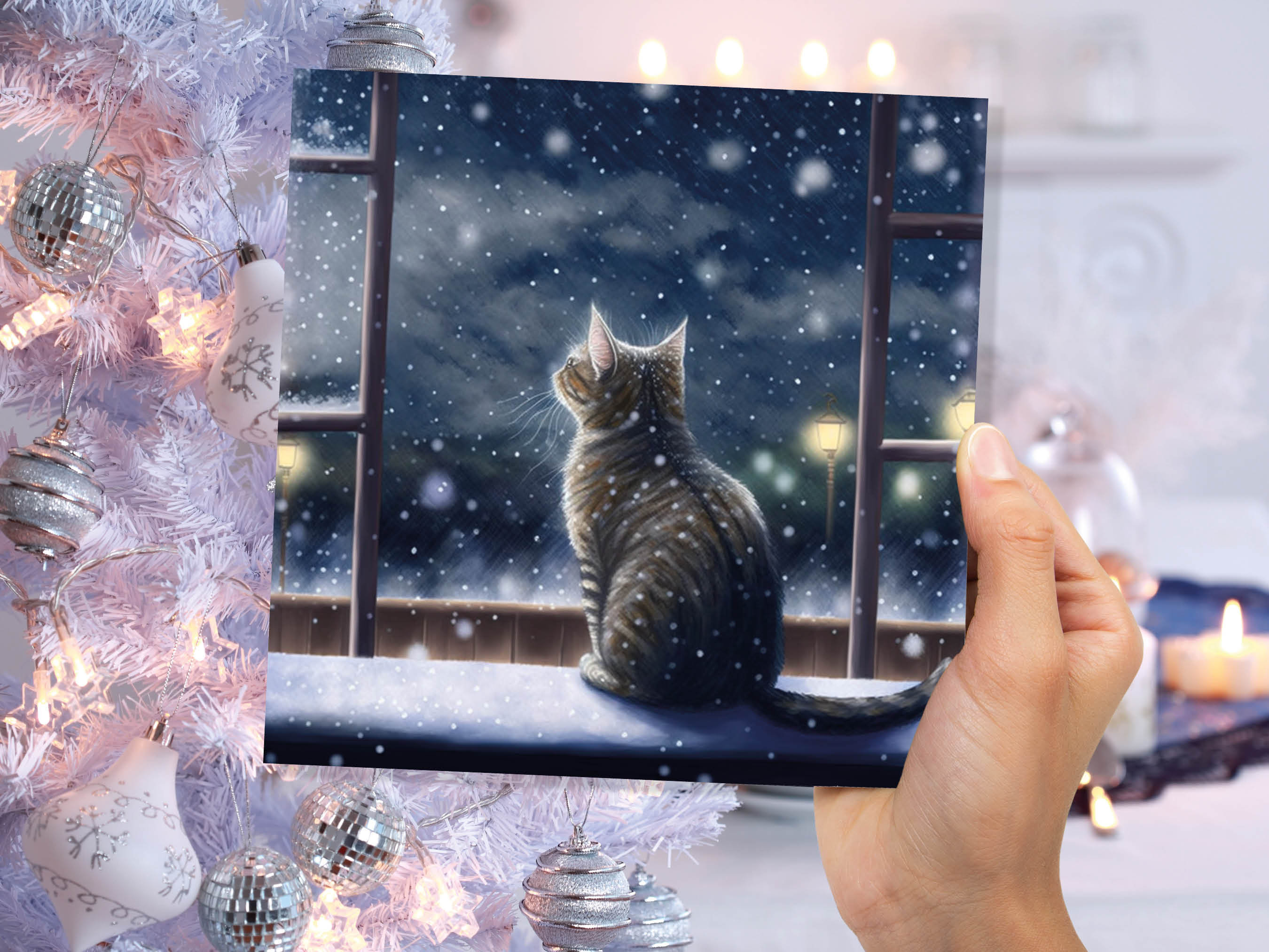 Cat Christmas Card Cute Kitten Watching Snow Fall Tabby Snowy Window Winter Night Scene Falling Whimsical Greetings Family Friends Xmas 2025 - View 4