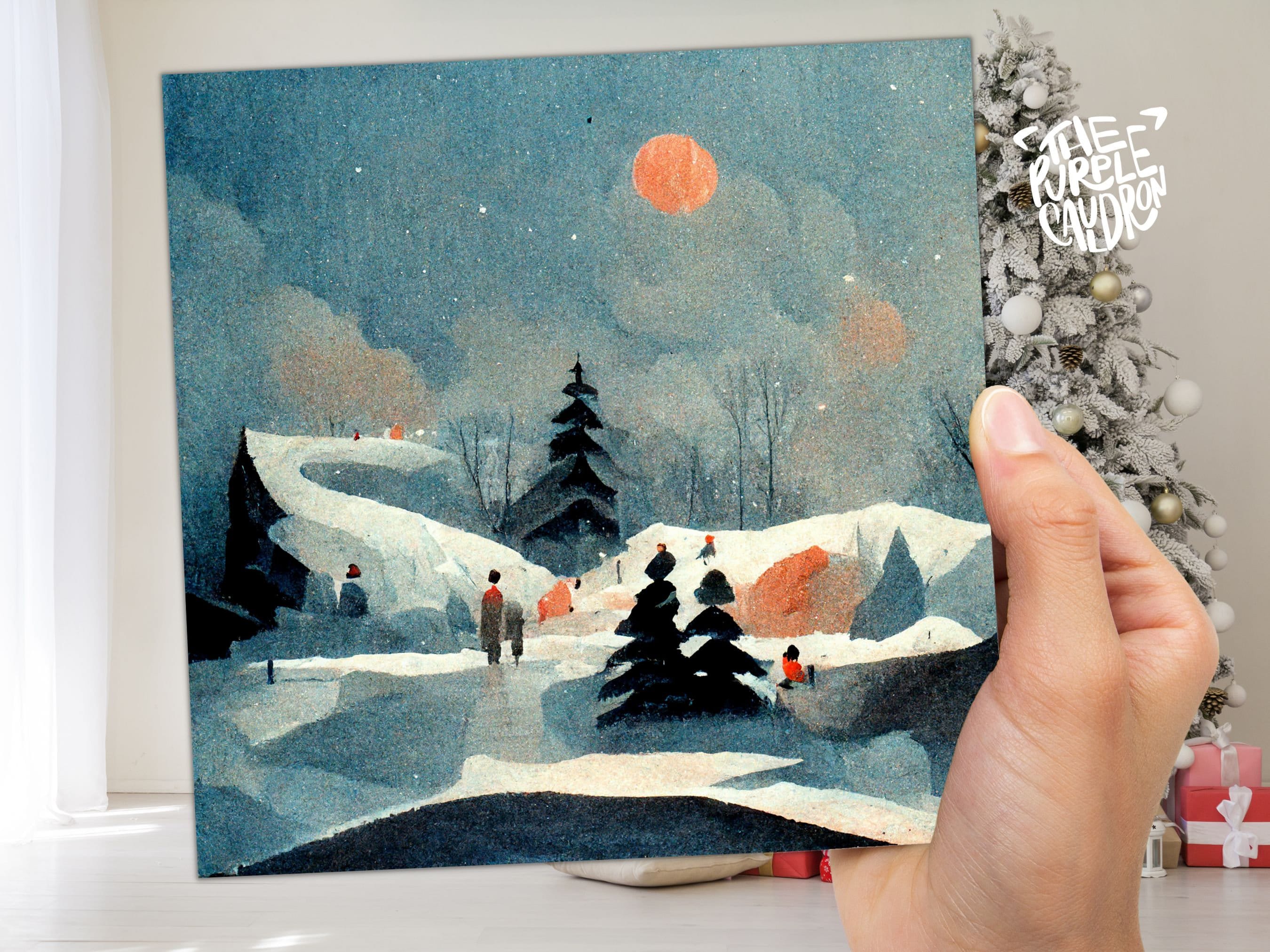 Watercolour Winter Snow Card Impressionist Scene with Trees Landscape Ski Hills Sun Blue Greetings for Family Friends Xmas 2025 Thank You - View 6