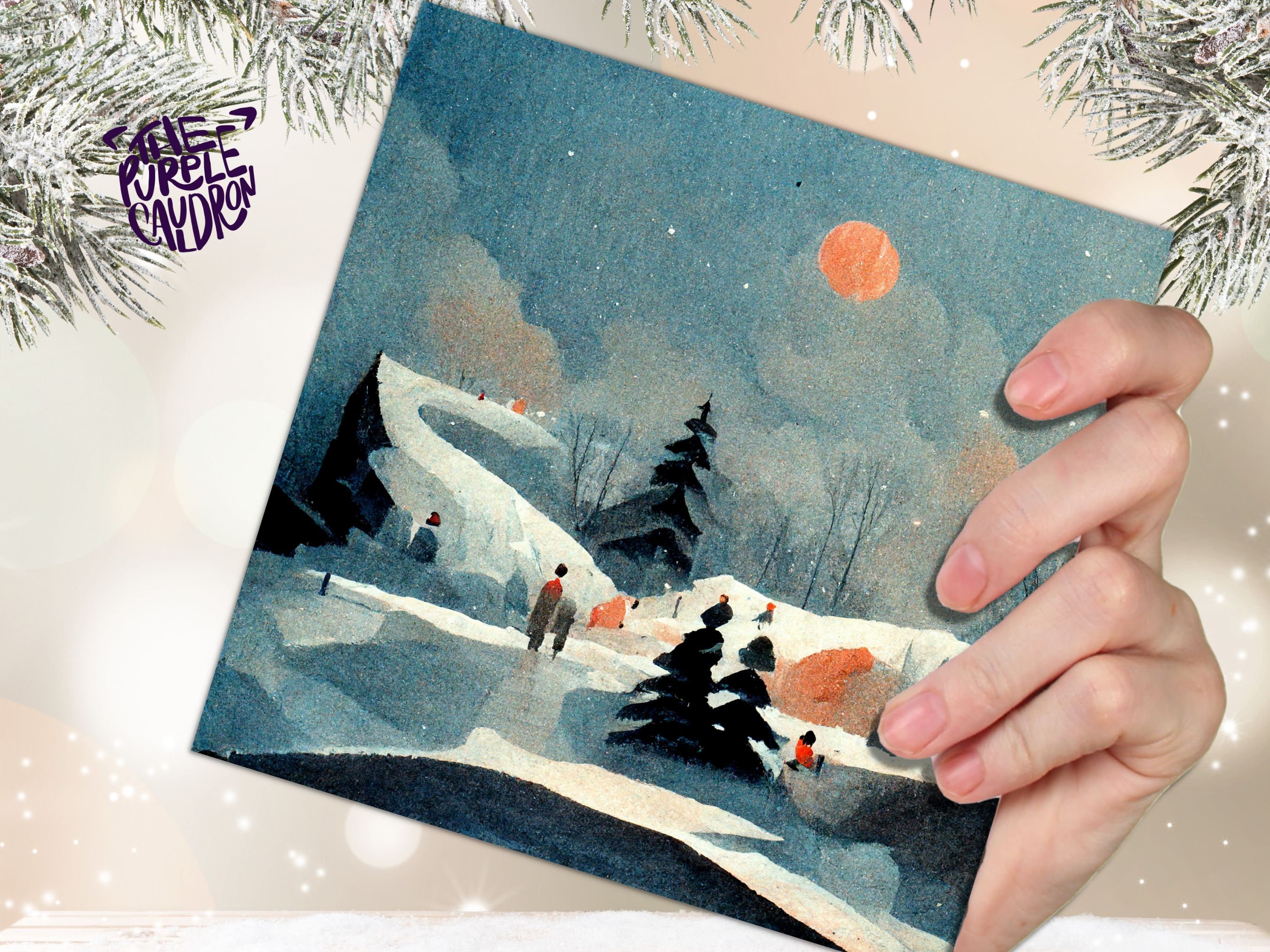 Watercolour Winter Snow Card Impressionist Scene with Trees Landscape Ski Hills Sun Blue Greetings for Family Friends Xmas 2025 Thank You - View 4