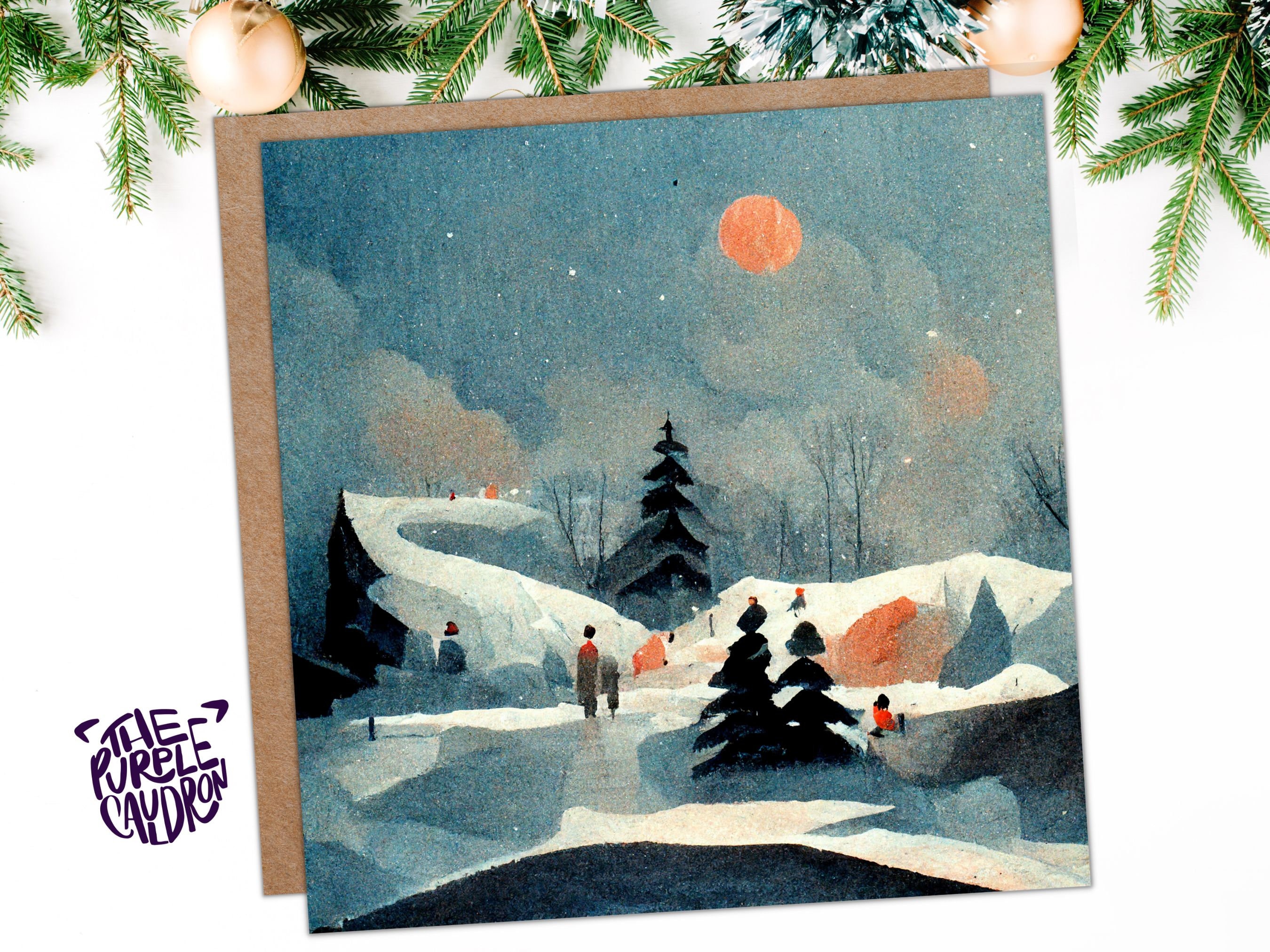 Watercolour Winter Snow Card Impressionist Scene with Trees Landscape Ski Hills Sun Blue Greetings for Family Friends Xmas 2025 Thank You - View 5