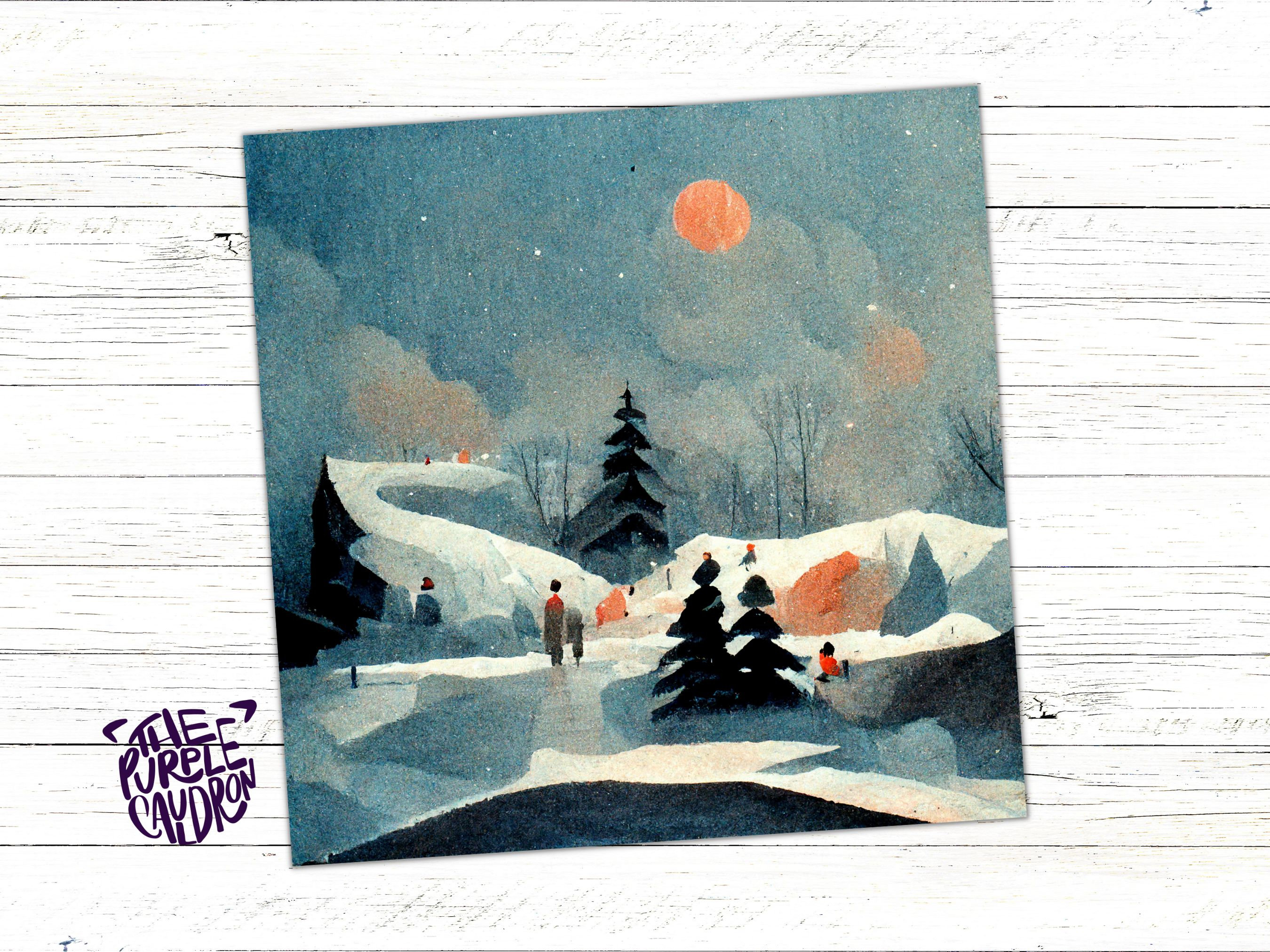 Watercolour Winter Snow Card Impressionist Scene with Trees Landscape Ski Hills Sun Blue Greetings for Family Friends Xmas 2025 Thank You - View 3