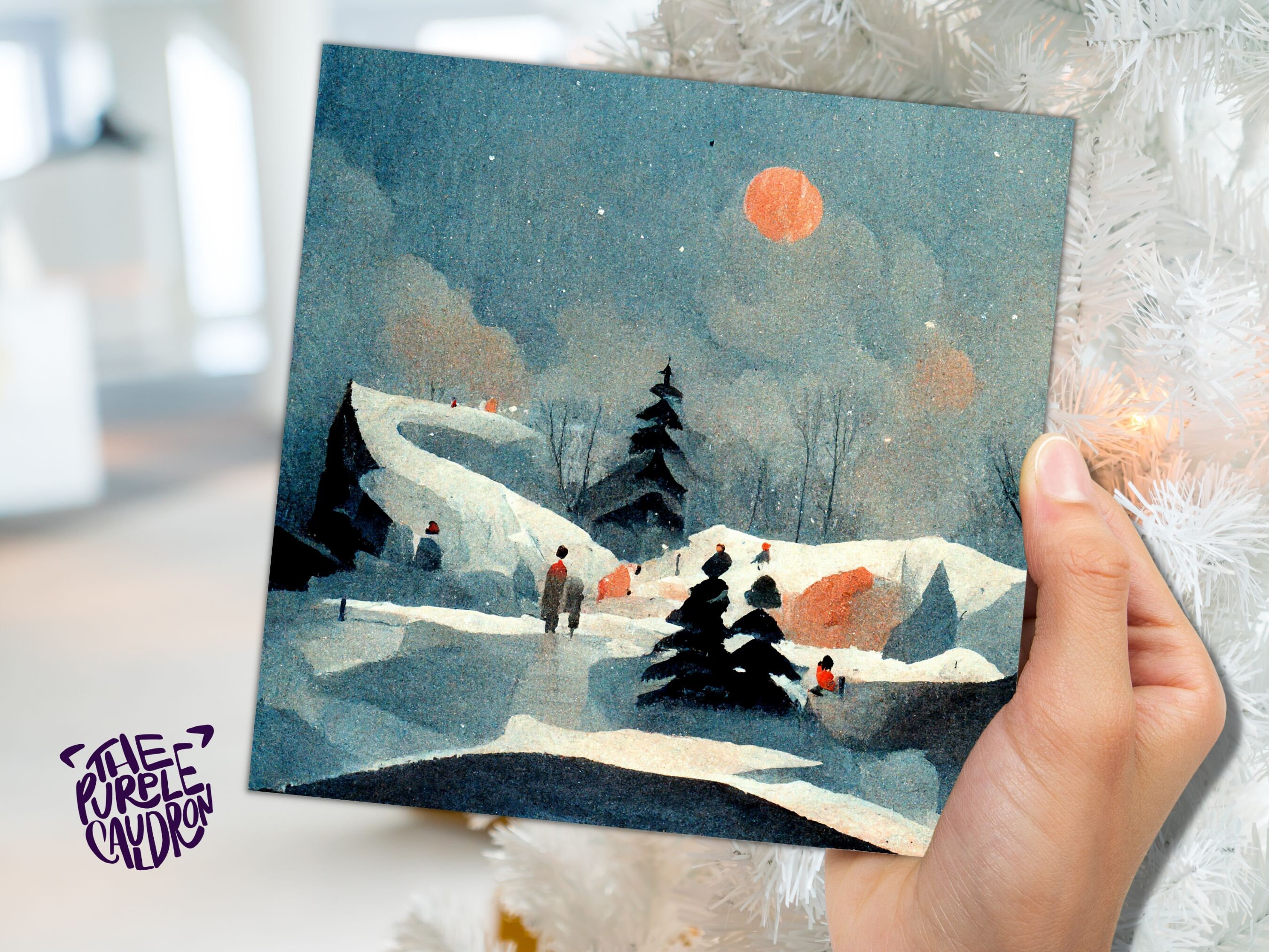 Watercolour Winter Snow Card Impressionist Scene with Trees Landscape Ski Hills Sun Blue Greetings for Family Friends Xmas 2025 Thank You - View 2