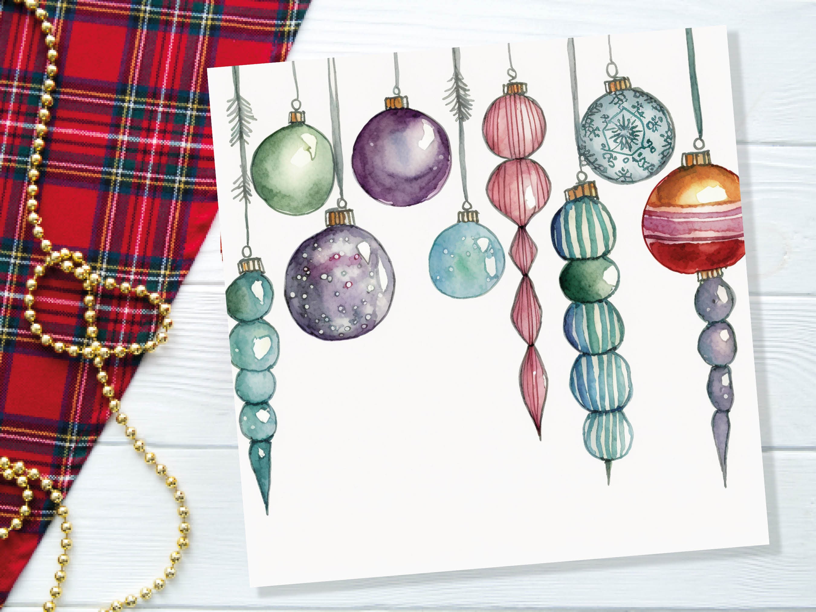 Watercolour Baubles Christmas Card Hanging Decorations Green Red White Festive Pretty Simple Greetings Cards For Family Friends Xmas 2025 - View 6