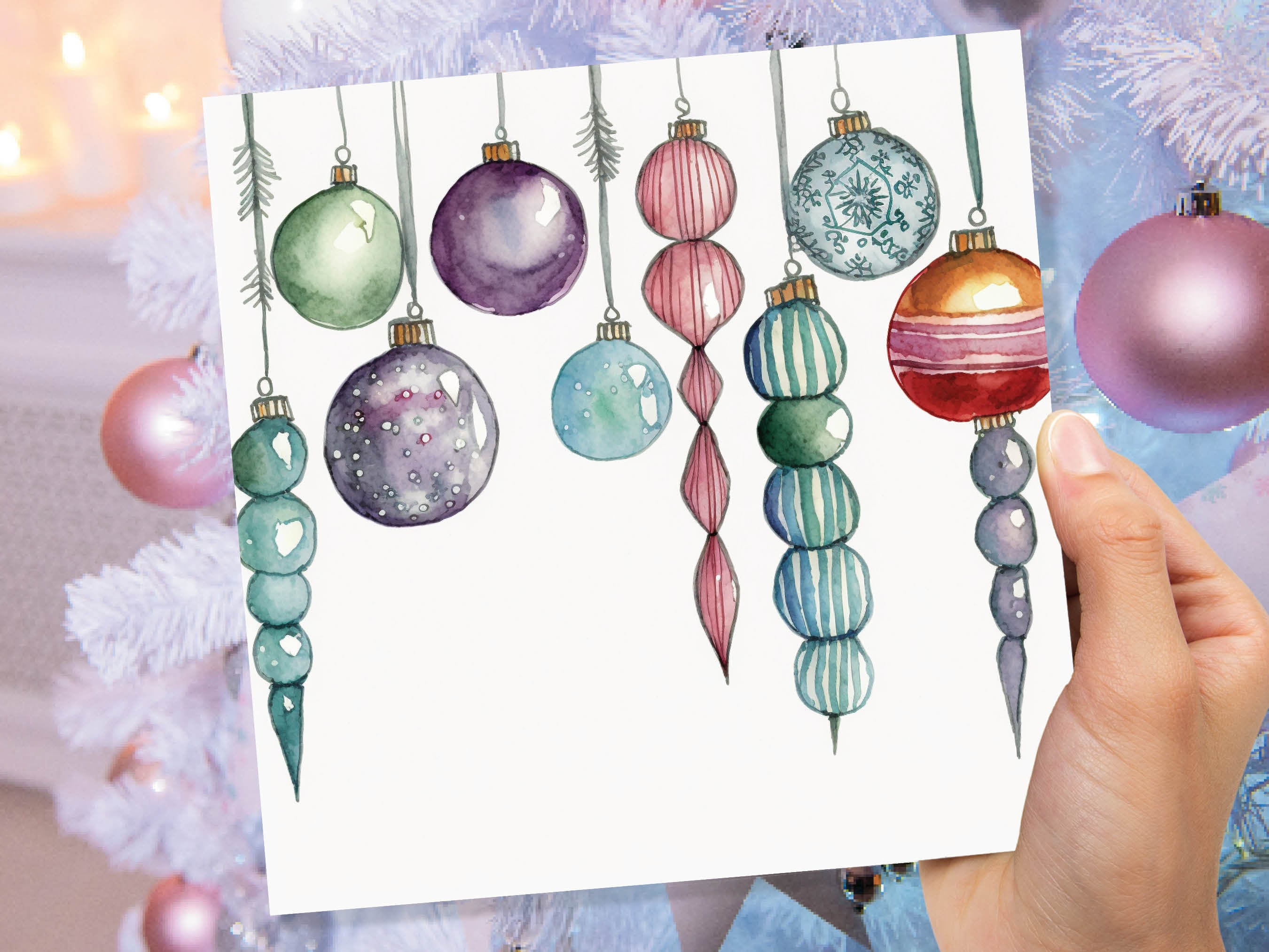 Watercolour Baubles Christmas Card Hanging Decorations Green Red White Festive Pretty Simple Greetings Cards For Family Friends Xmas 2025 - View 8