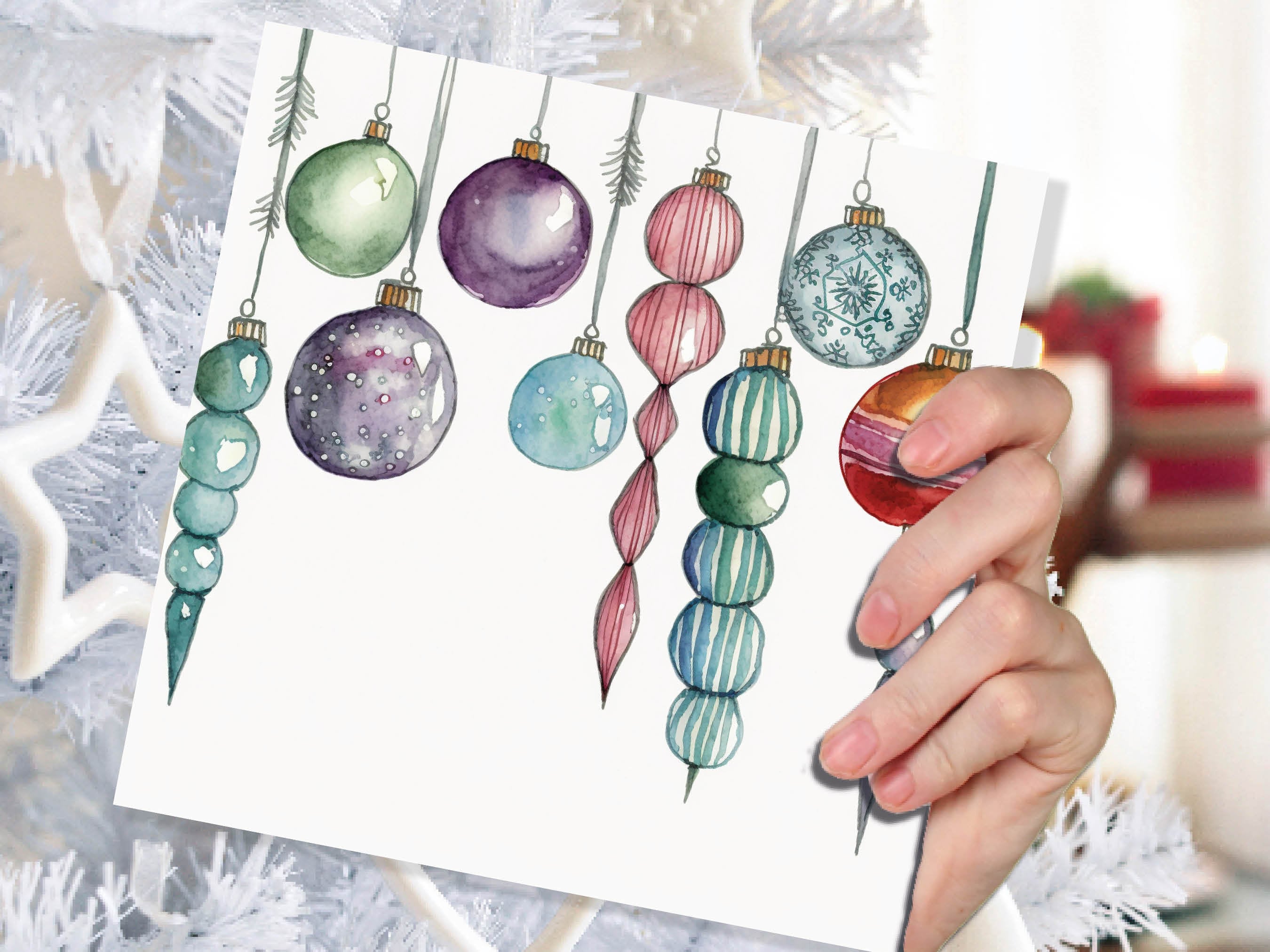 Watercolour Baubles Christmas Card Hanging Decorations Green Red White Festive Pretty Simple Greetings Cards For Family Friends Xmas 2025 - View 7
