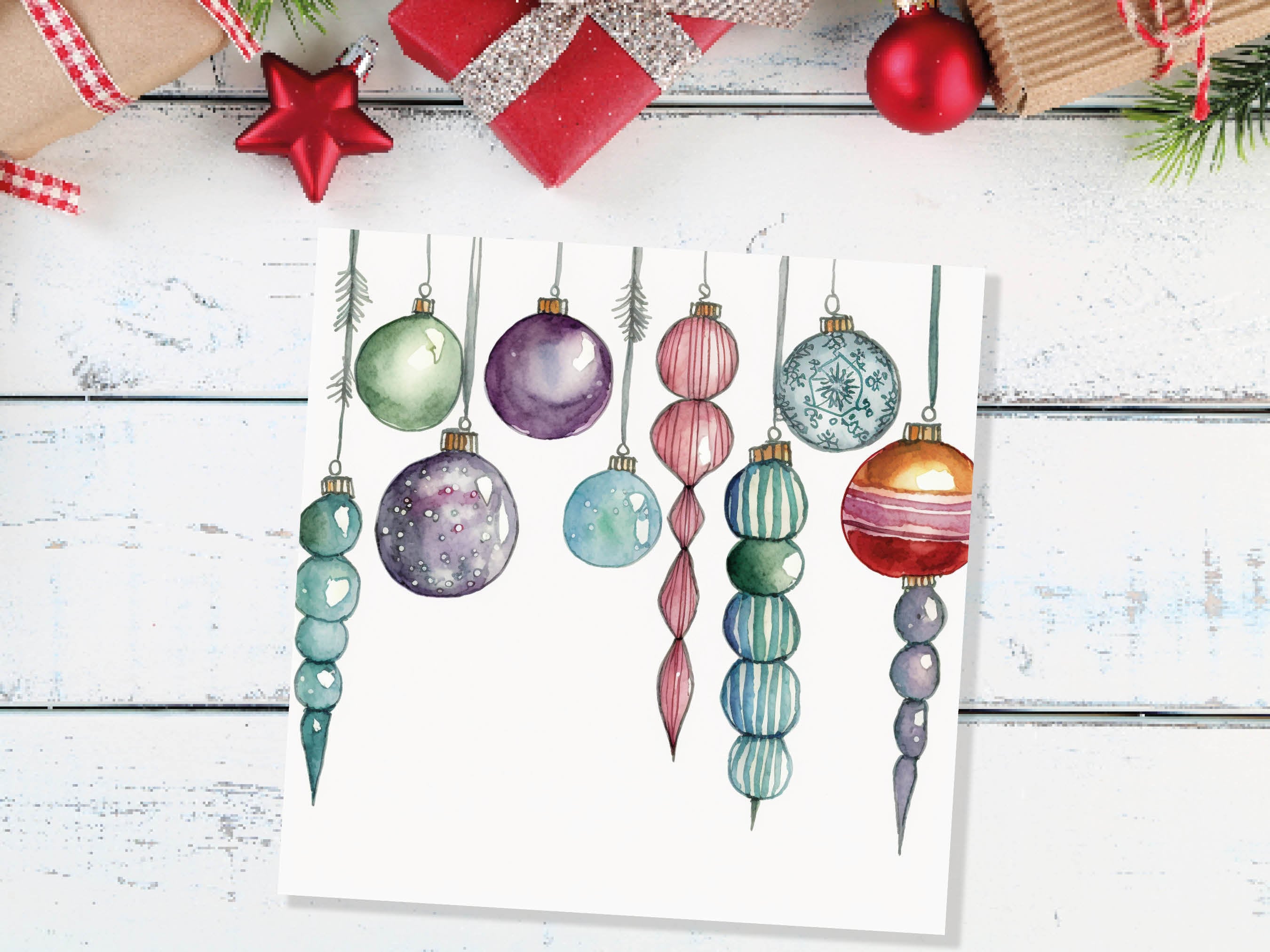 Watercolour Baubles Christmas Card Hanging Decorations Green Red White Festive Pretty Simple Greetings Cards For Family Friends Xmas 2025 - View 9
