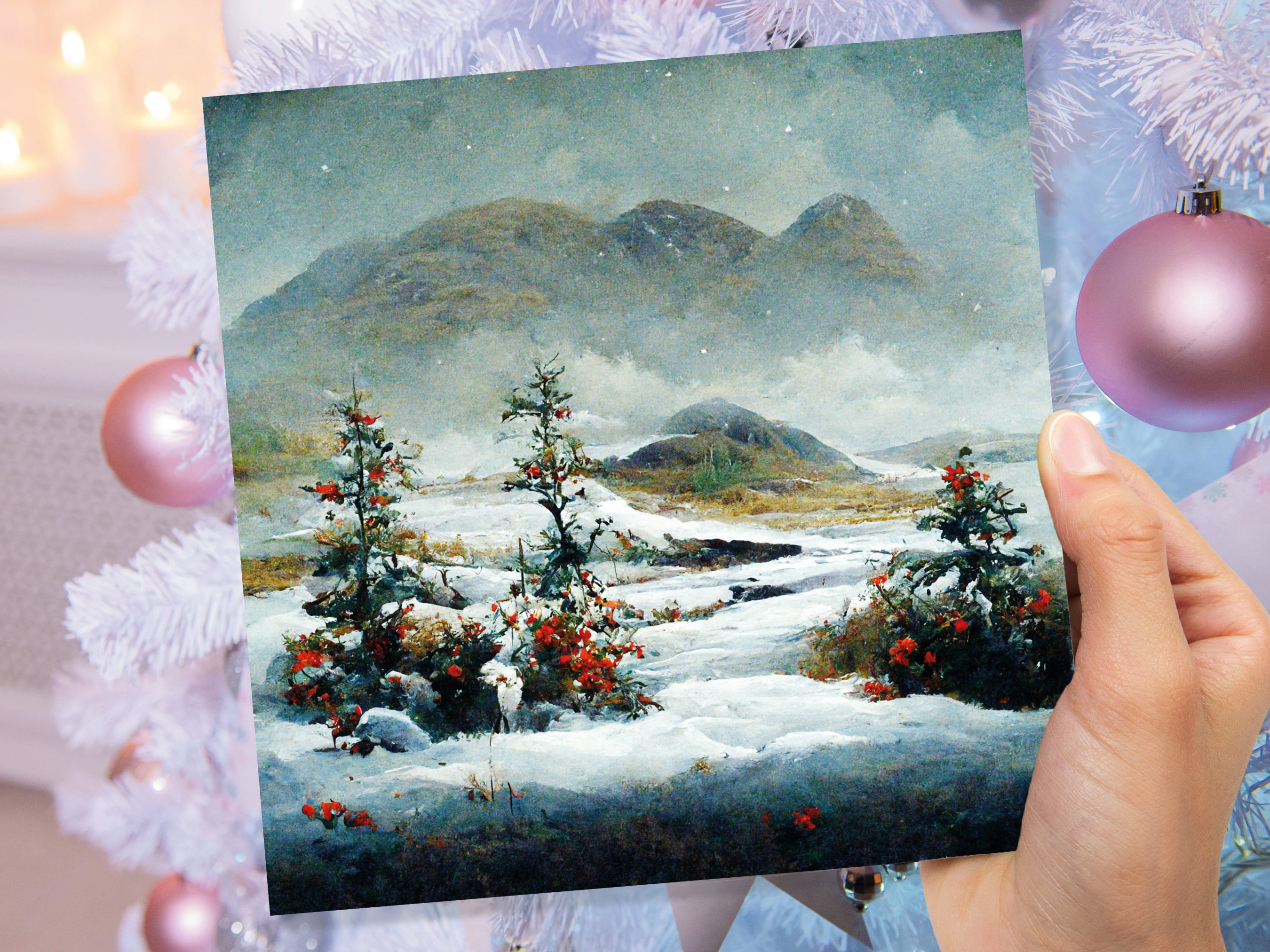 Traditional Snow Scene Card with Snowy Scottish Landscape Mountains Trees Painting Greetings Cards for Family Friends Xmas 2025 Thank You - View 6