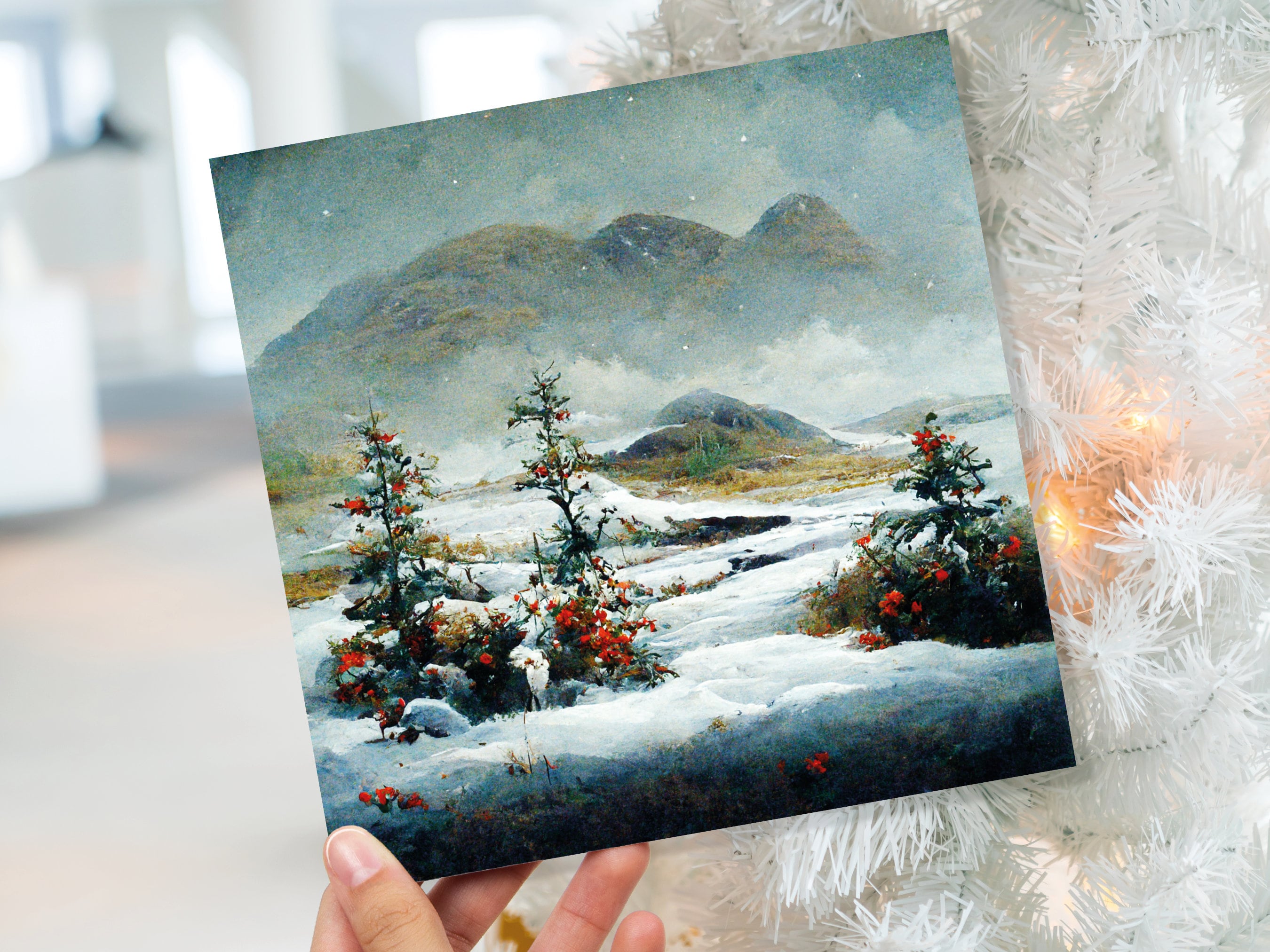 Traditional Snow Scene Card with Snowy Scottish Landscape Mountains Trees Painting Greetings Cards for Family Friends Xmas 2025 Thank You - View 8