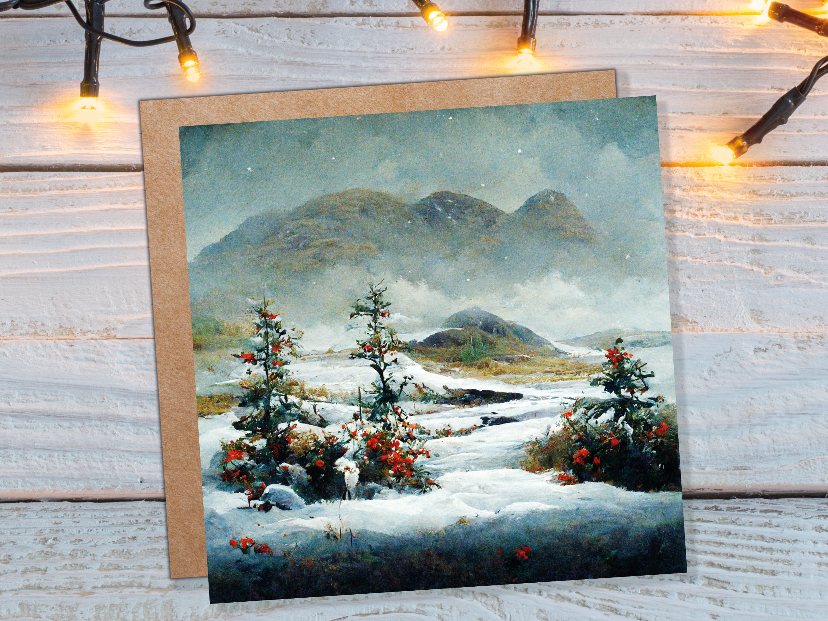 Traditional Snow Scene Card with Snowy Scottish Landscape Mountains Trees Painting Greetings Cards for Family Friends Xmas 2025 Thank You - View 3