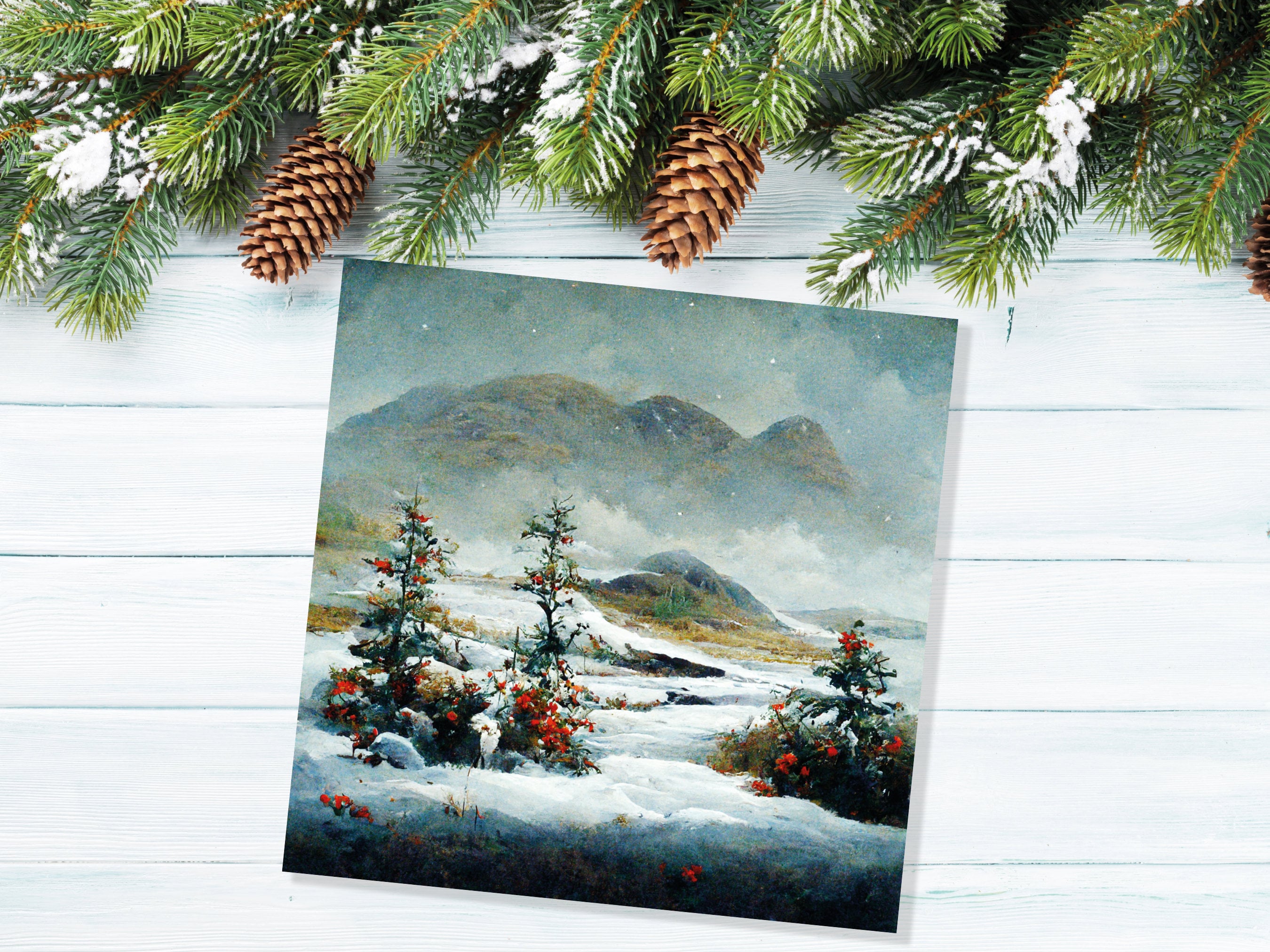 Traditional Snow Scene Card with Snowy Scottish Landscape Mountains Trees Painting Greetings Cards for Family Friends Xmas 2025 Thank You - View 4