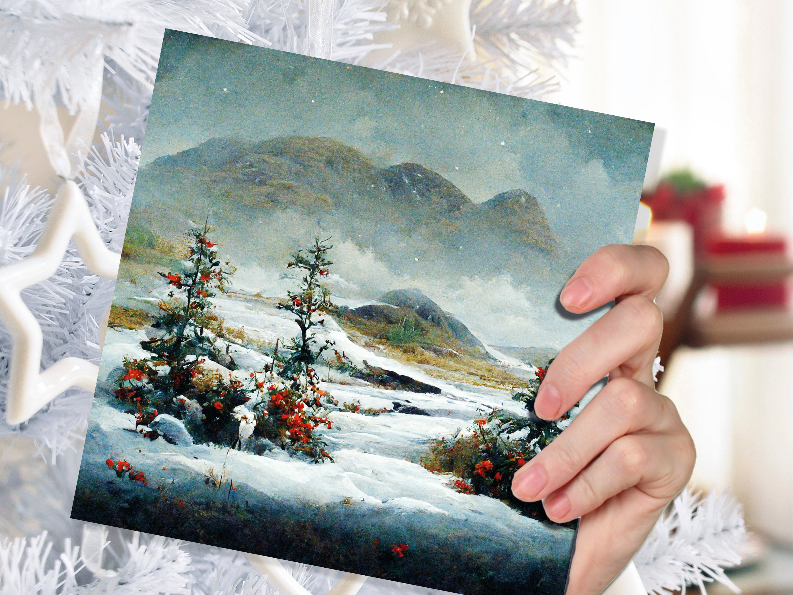 Traditional Snow Scene Card with Snowy Scottish Landscape Mountains Trees Painting Greetings Cards for Family Friends Xmas 2025 Thank You - View 5