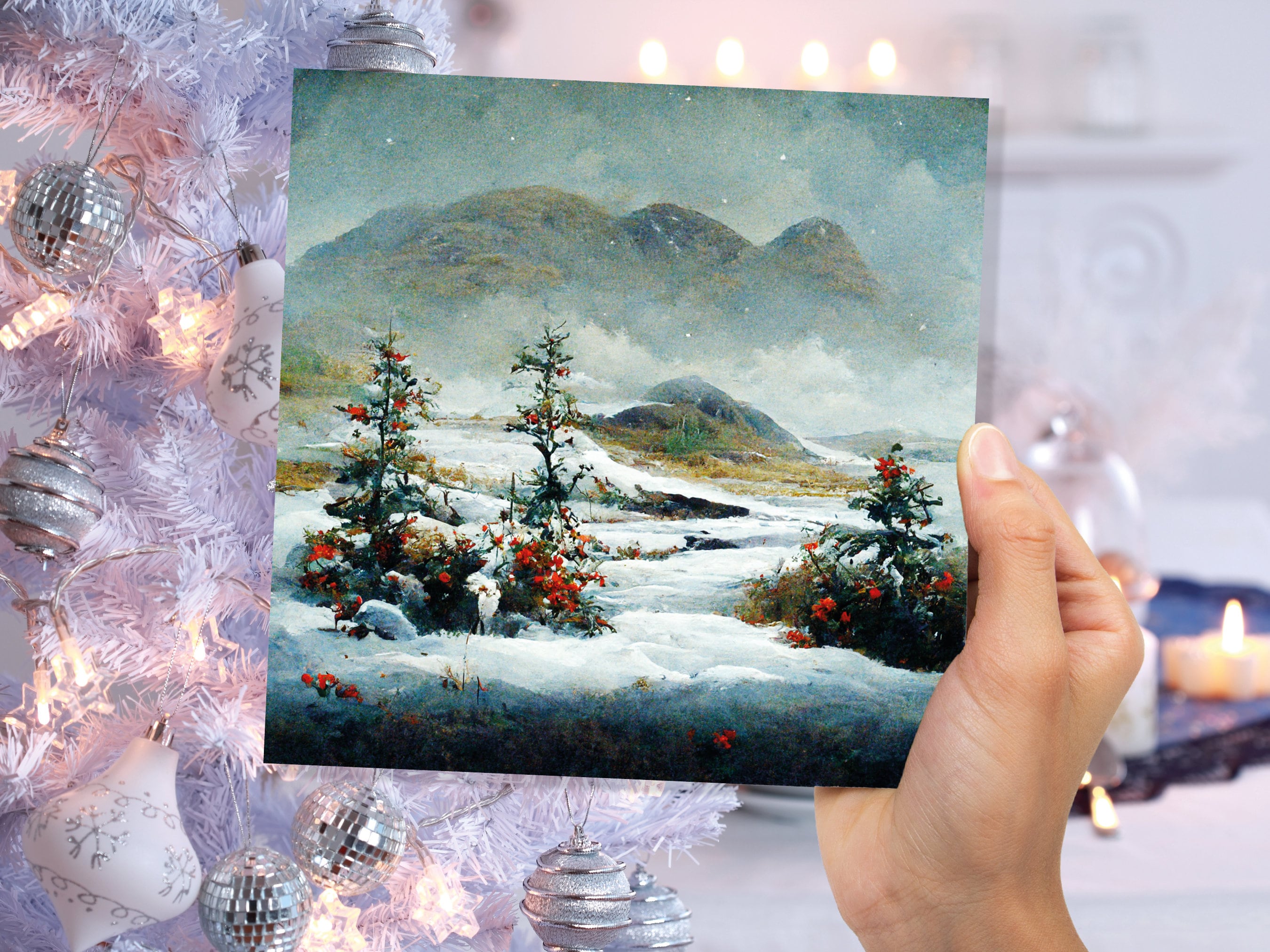 Traditional Snow Scene Card with Snowy Scottish Landscape Mountains Trees Painting Greetings Cards for Family Friends Xmas 2025 Thank You - View 2
