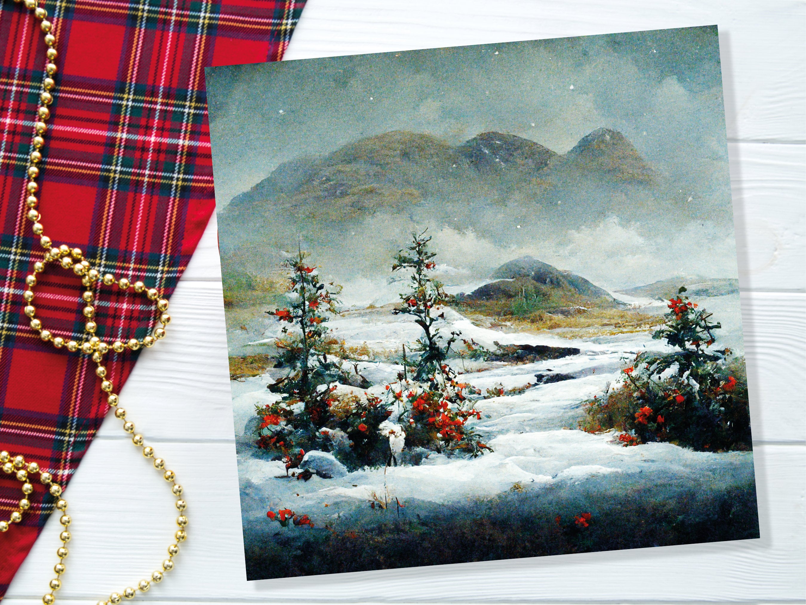 Traditional Snow Scene Card with Snowy Scottish Landscape Mountains Trees Painting Greetings Cards for Family Friends Xmas 2025 Thank You