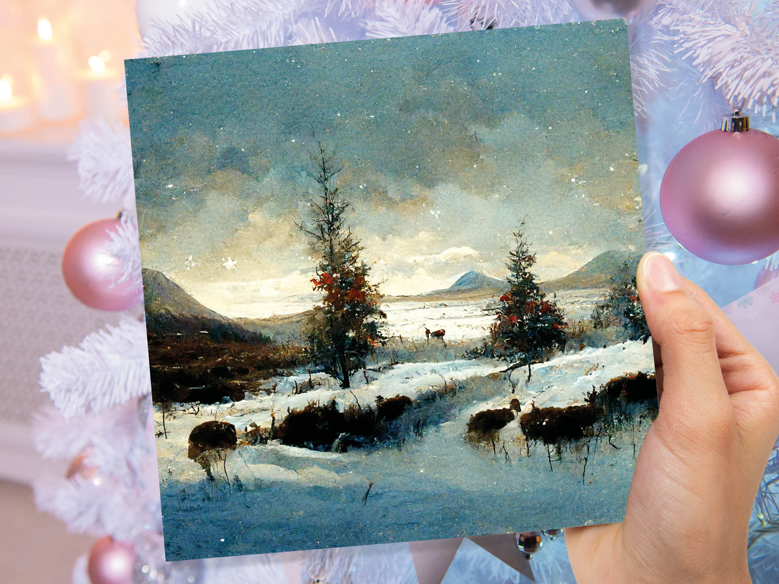 Winter Snow Scene Card with Snowy Landscape Mountains Scottish Glen Trees Painting Greetings Cards for Family Friends Christmas Thank You - View 6