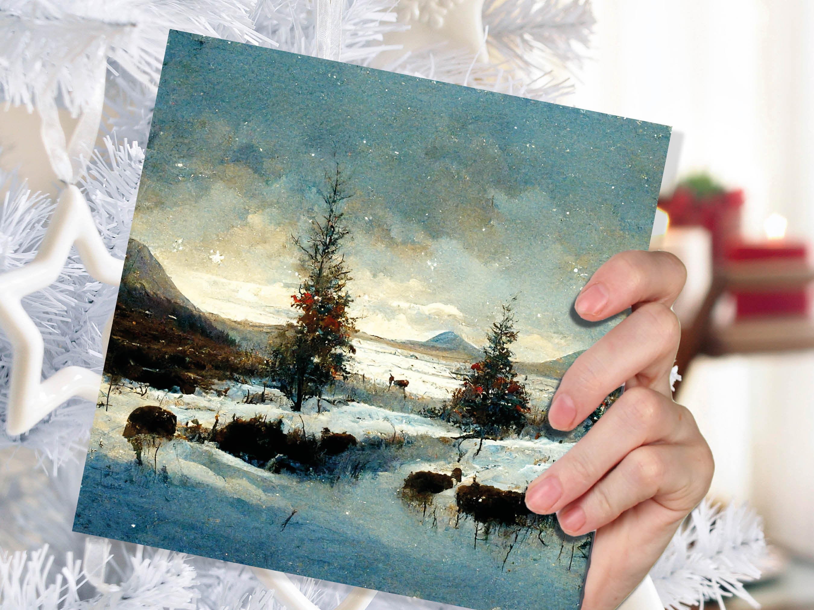 Winter Snow Scene Card with Snowy Landscape Mountains Scottish Glen Trees Painting Greetings Cards for Family Friends Christmas Thank You - View 5