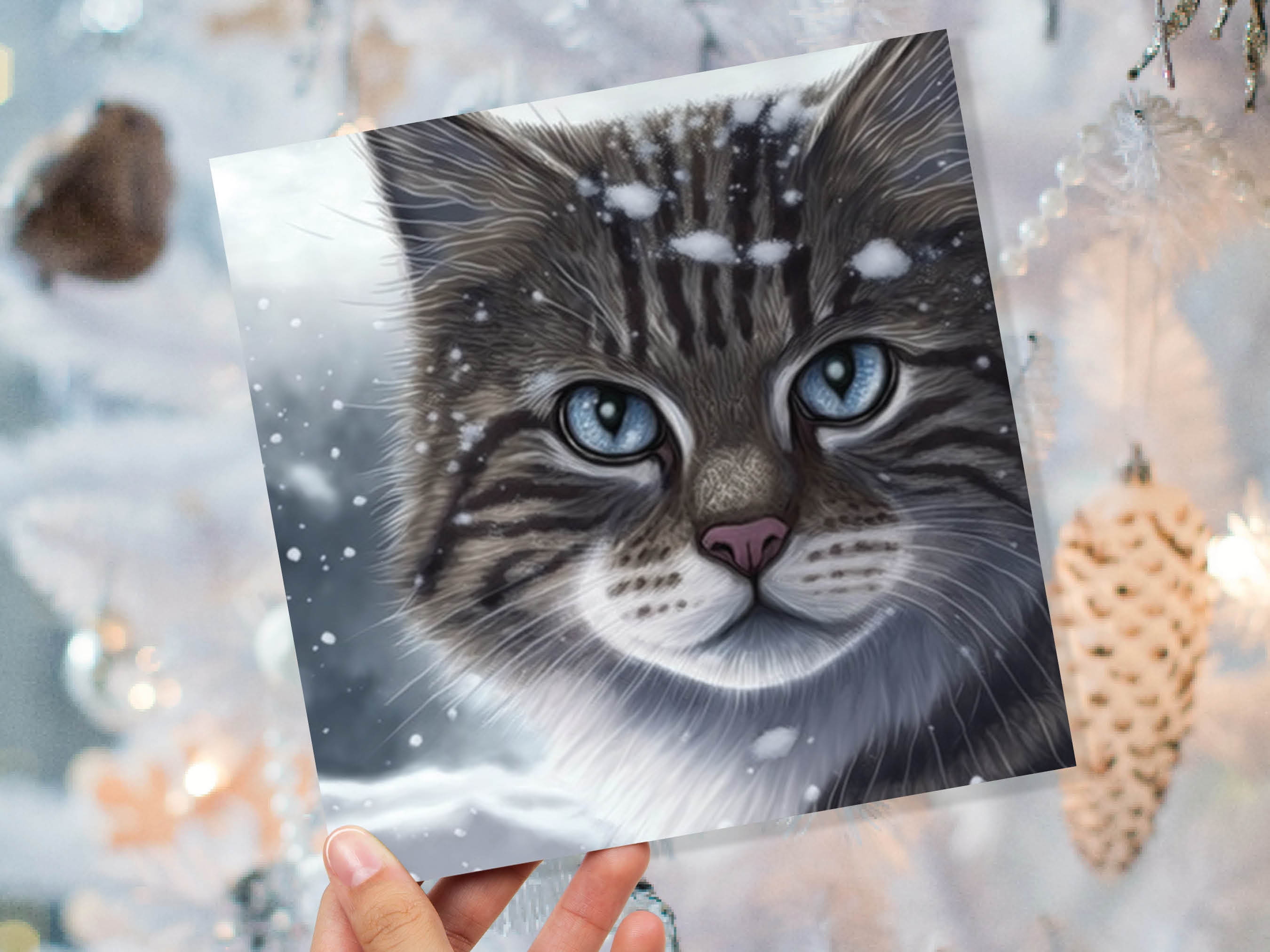 Beautiful Cat Christmas Card Grey Tabby Blue Eyes Watching Snow falling Tranquil Winter Scene Greetings Cards For Family Friends Xmas 2025 - View 9