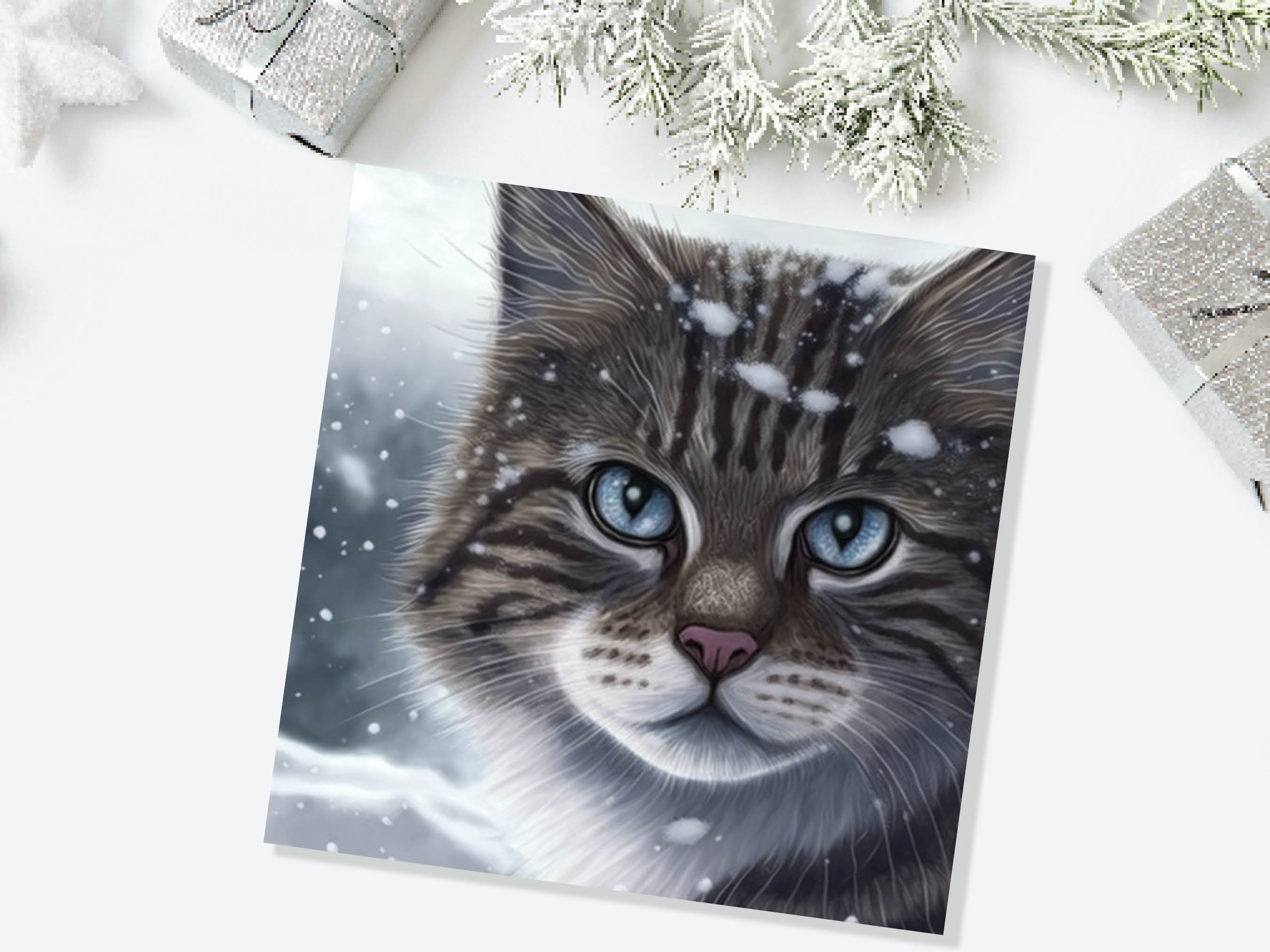 Beautiful Cat Christmas Card Grey Tabby Blue Eyes Watching Snow falling Tranquil Winter Scene Greetings Cards For Family Friends Xmas 2025 - View 4