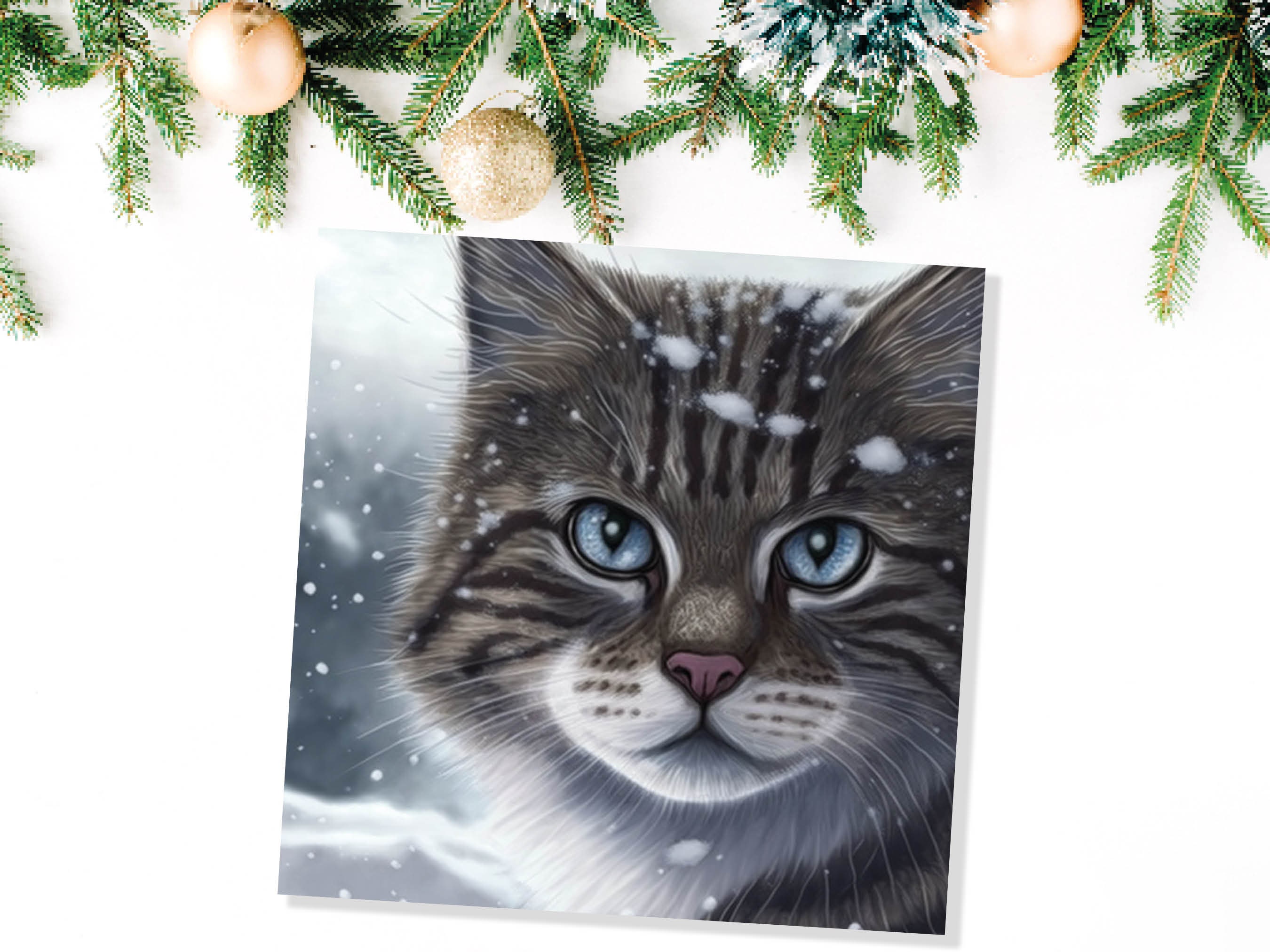 Beautiful Cat Christmas Card Grey Tabby Blue Eyes Watching Snow falling Tranquil Winter Scene Greetings Cards For Family Friends Xmas 2025 - View 8