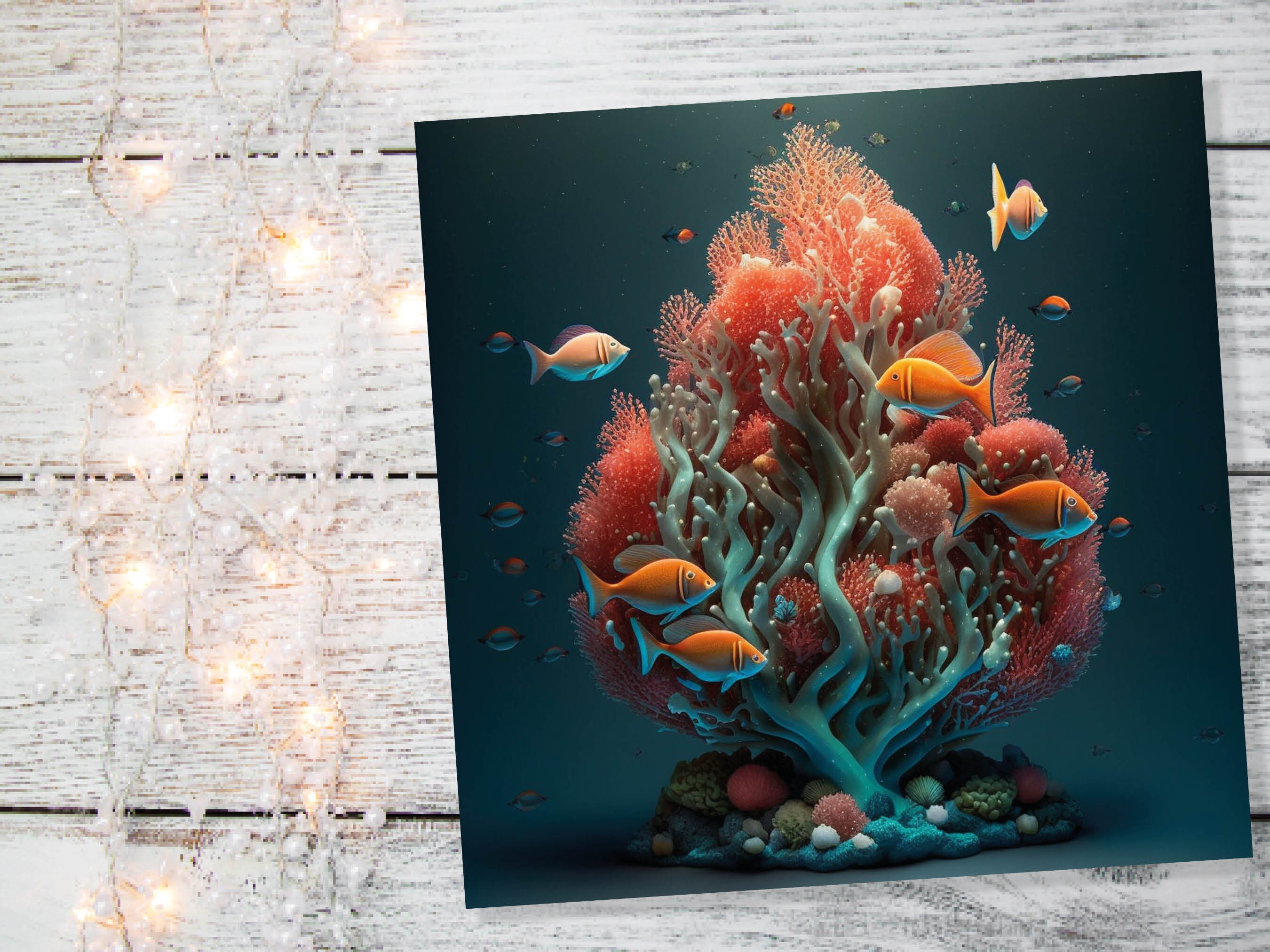 Ocean Christmas Tree Card Underwater Coral Scene Aqua Blue and Orange Sea Life Swim Fish Unique Greetings Cards For Family Friends Xmas 2025 - View 6